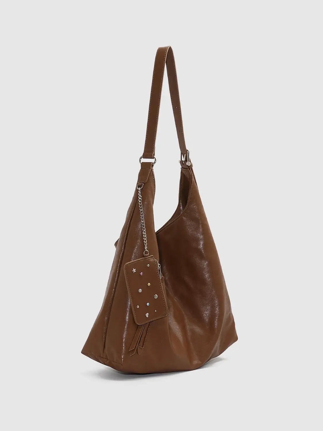Slouchy Ruched Long Strap Shoulder Bag With Studded Charm