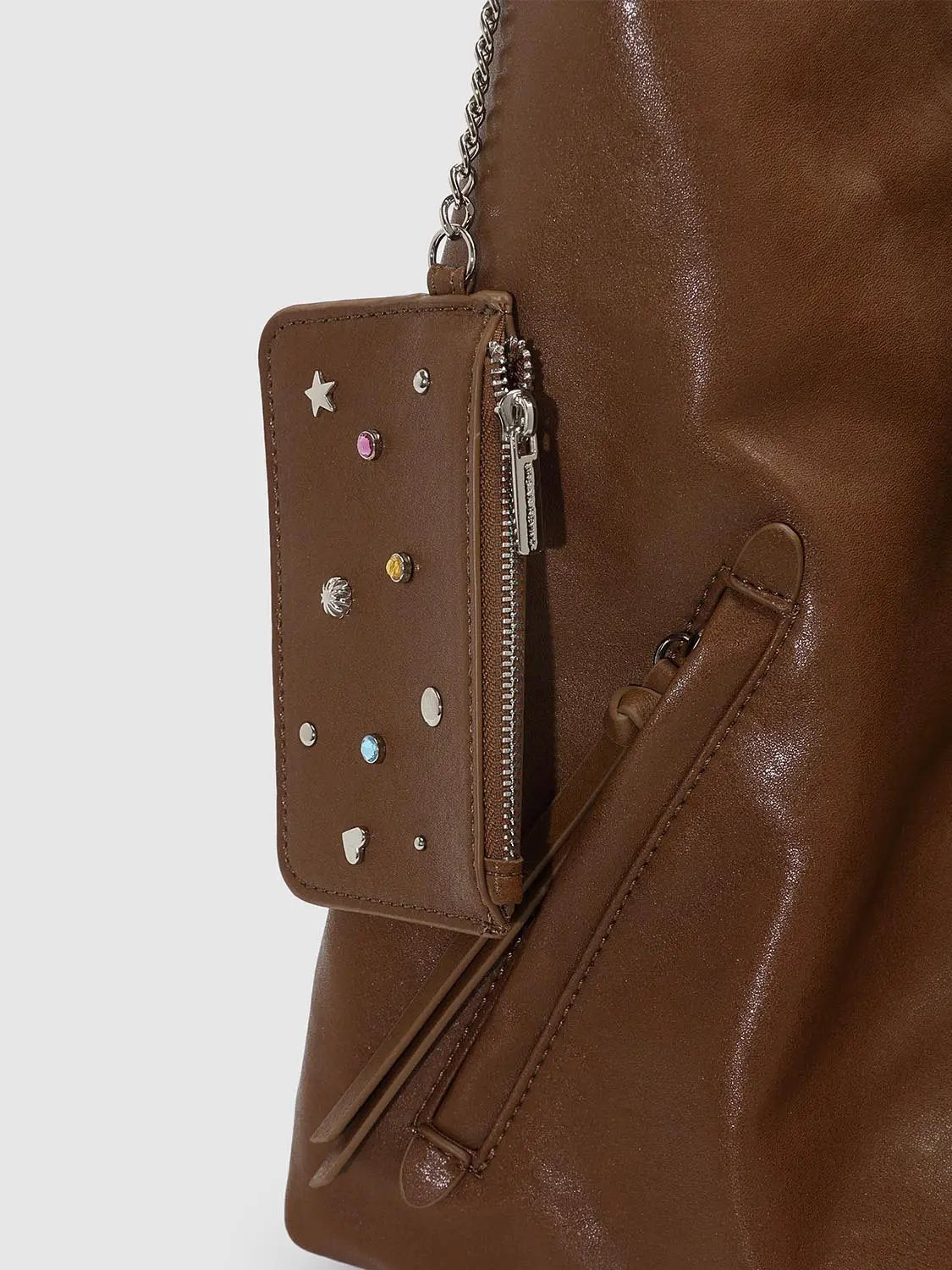 Slouchy Ruched Long Strap Shoulder Bag With Studded Charm