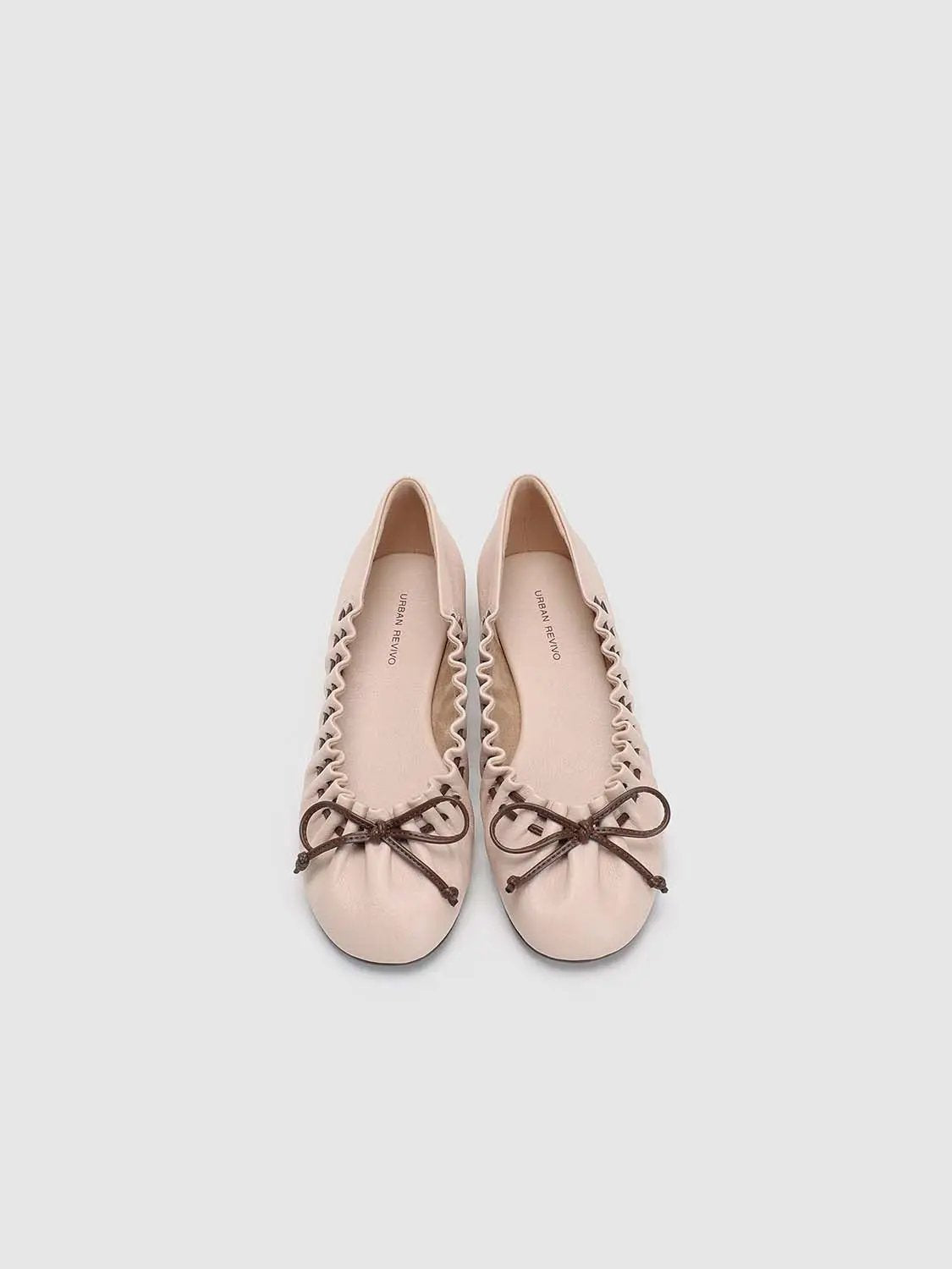 Gathered Edge Bow Decor Leather Flat Slip On Ballet Shoes