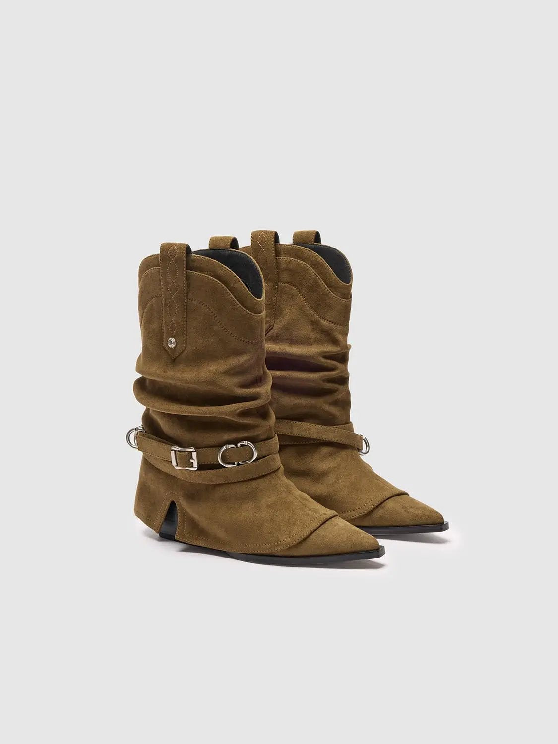 Ruched Western Boot With Buckled Ankle Strap
