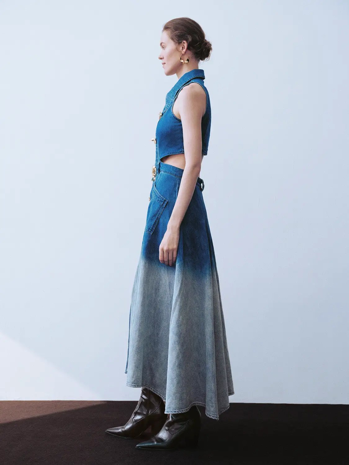 Cutout Sleeveless Cotton Denim Gradient Dress