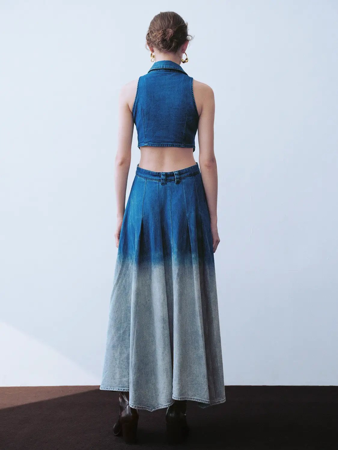 Cutout Sleeveless Cotton Denim Gradient Dress