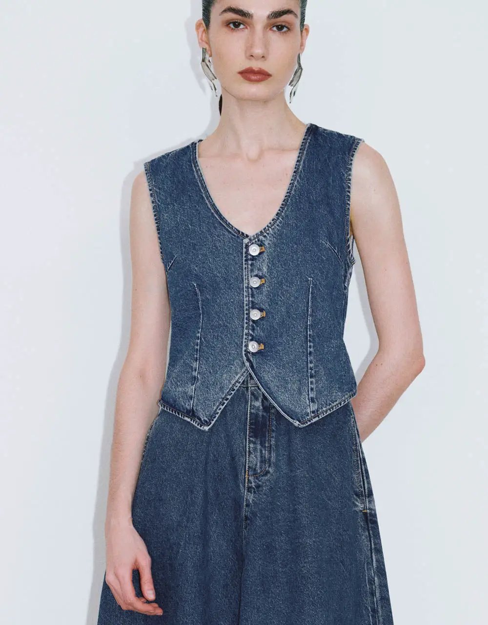 Tailored Button Front Denim Dress Midi Dress