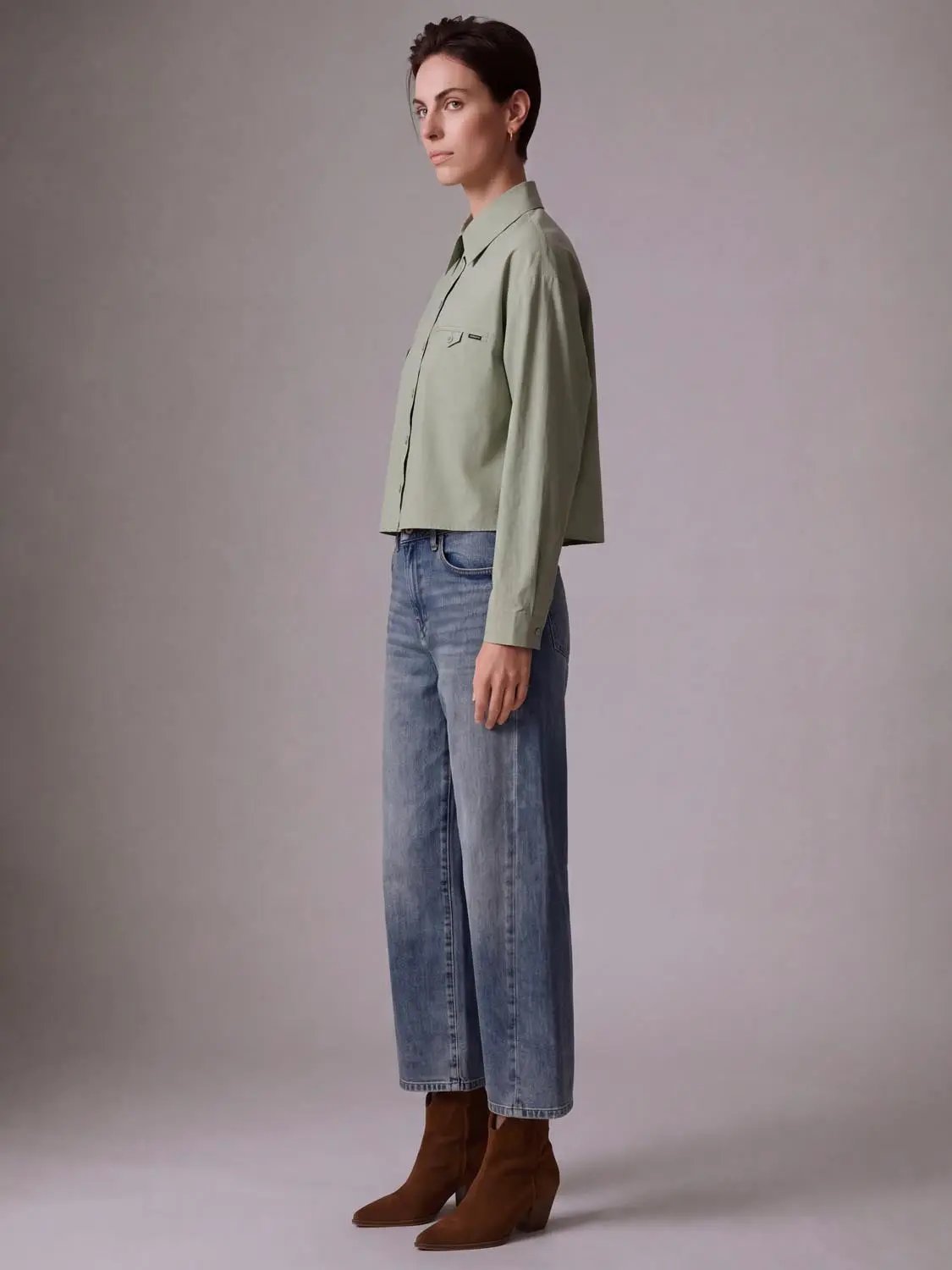 Cropped Button-Front Non-Stretch Cotton Shirt
