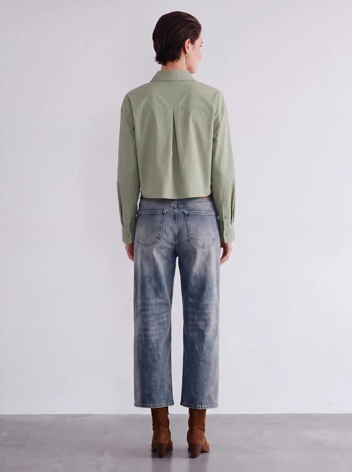Cropped Button-Front Non-Stretch Cotton Shirt
