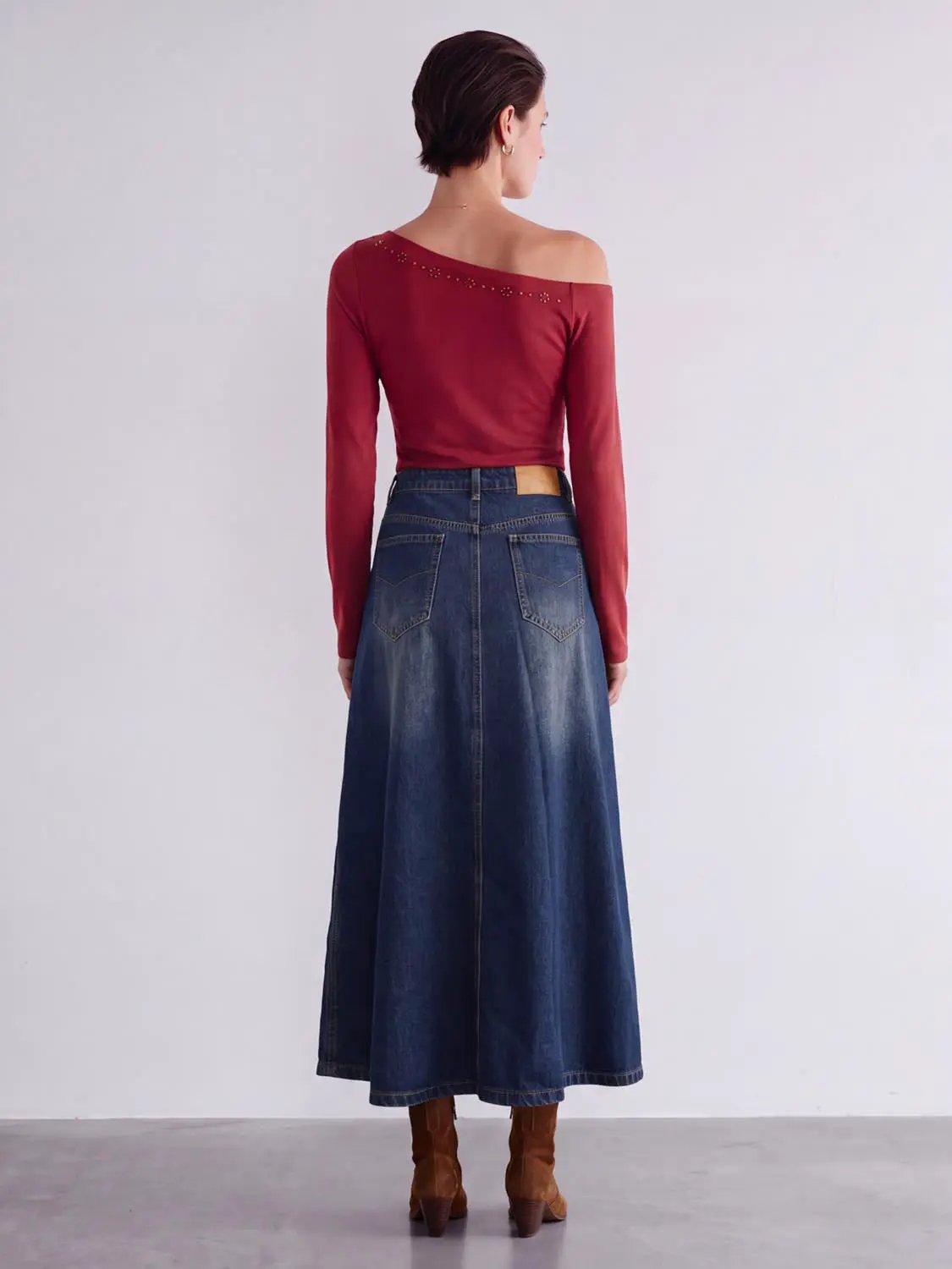 Asymmetrical Wrap Panel Seam Washed Midi Denim Skirt