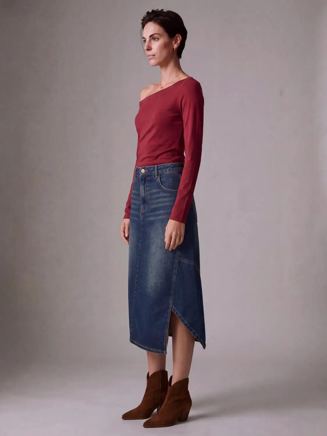 Asymmetrical Wrap Panel Seam Washed Midi Denim Skirt