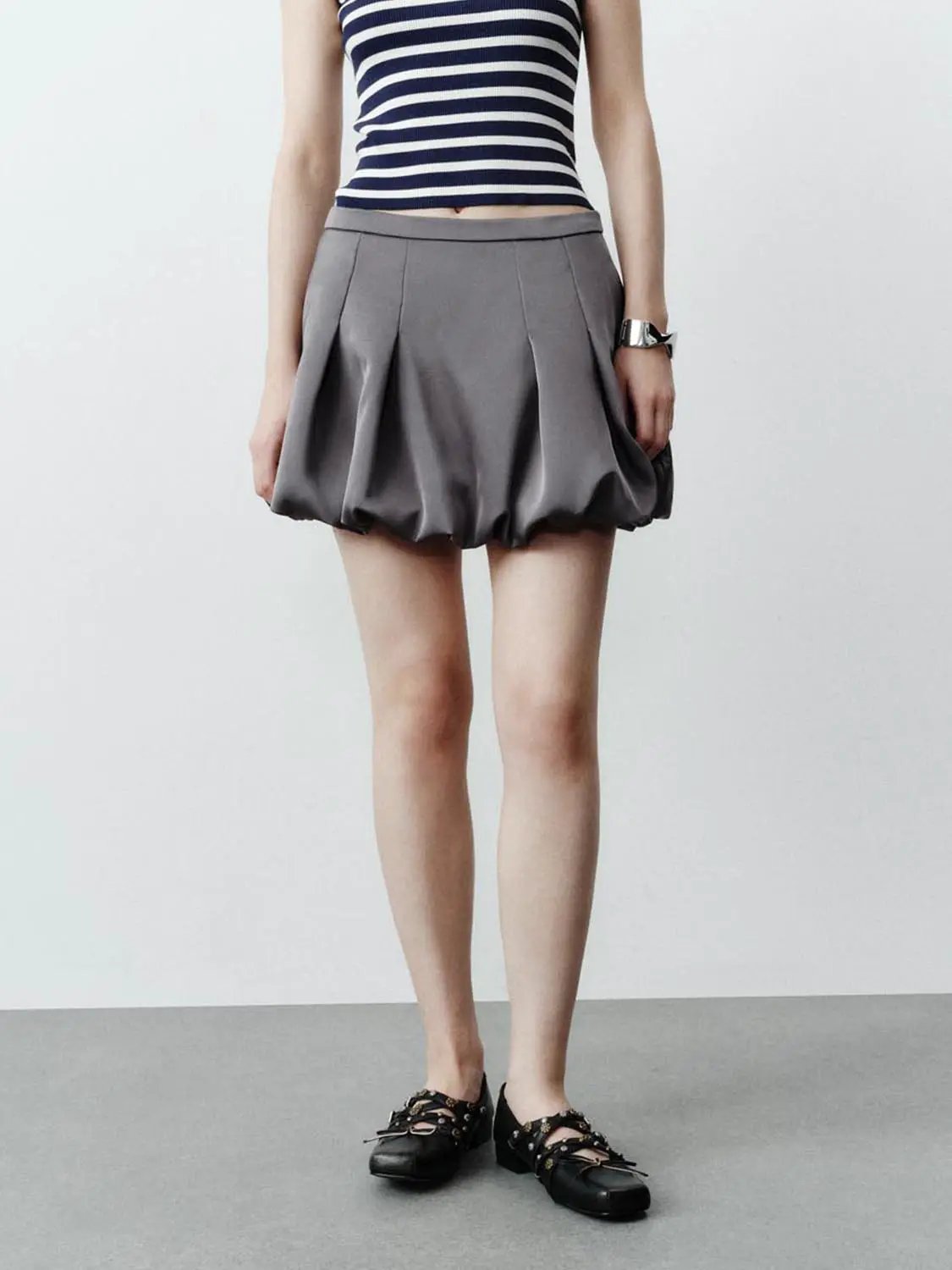Elastic Waist Vertical Stripe Pleated Bubble Mini Skirt