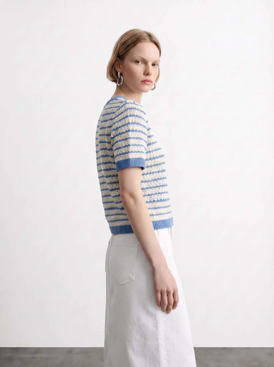 Cotton Striped Textured Knit Rib Trim T-Shirt