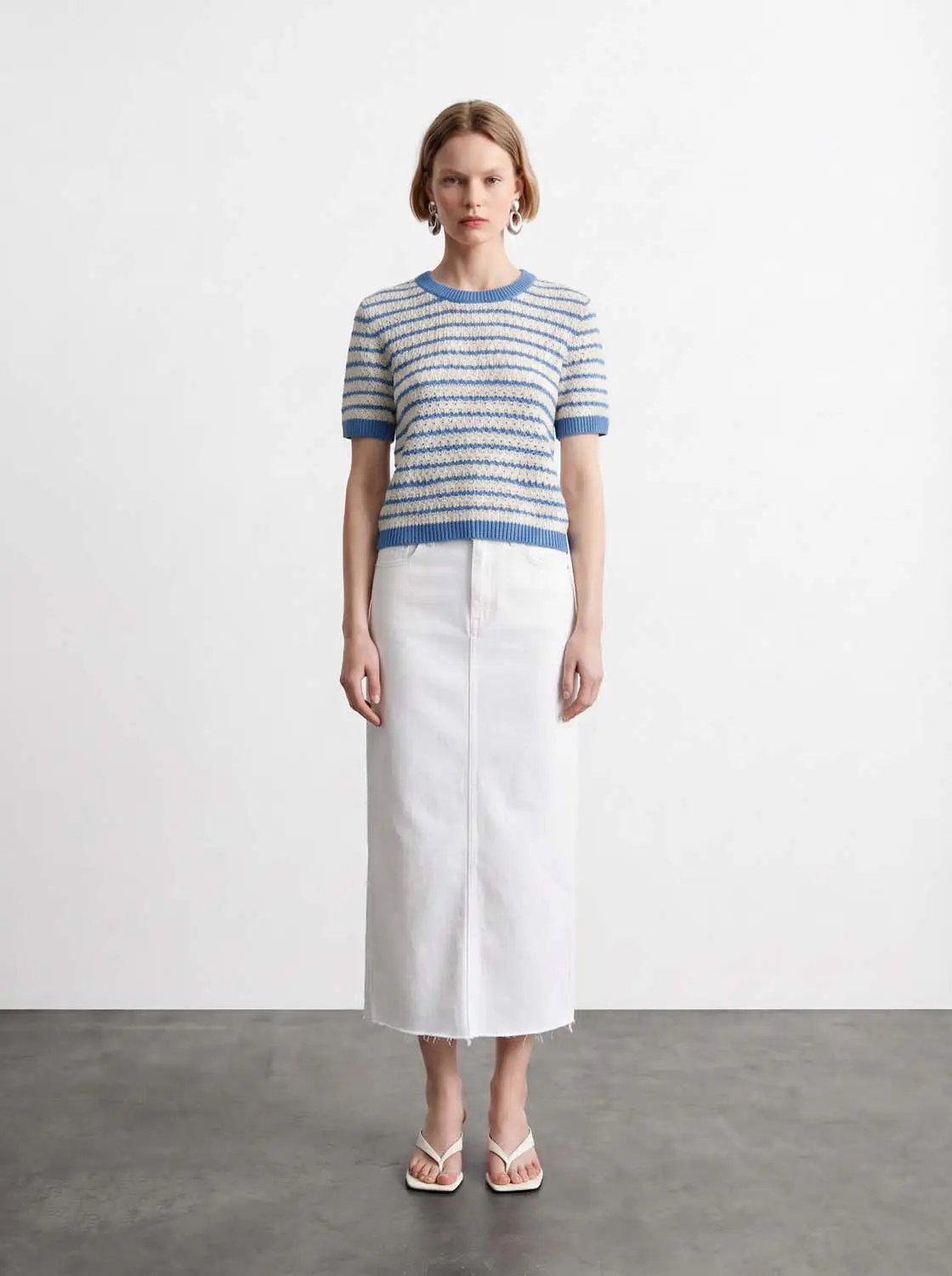 Cotton Striped Textured Knit Rib Trim T-Shirt