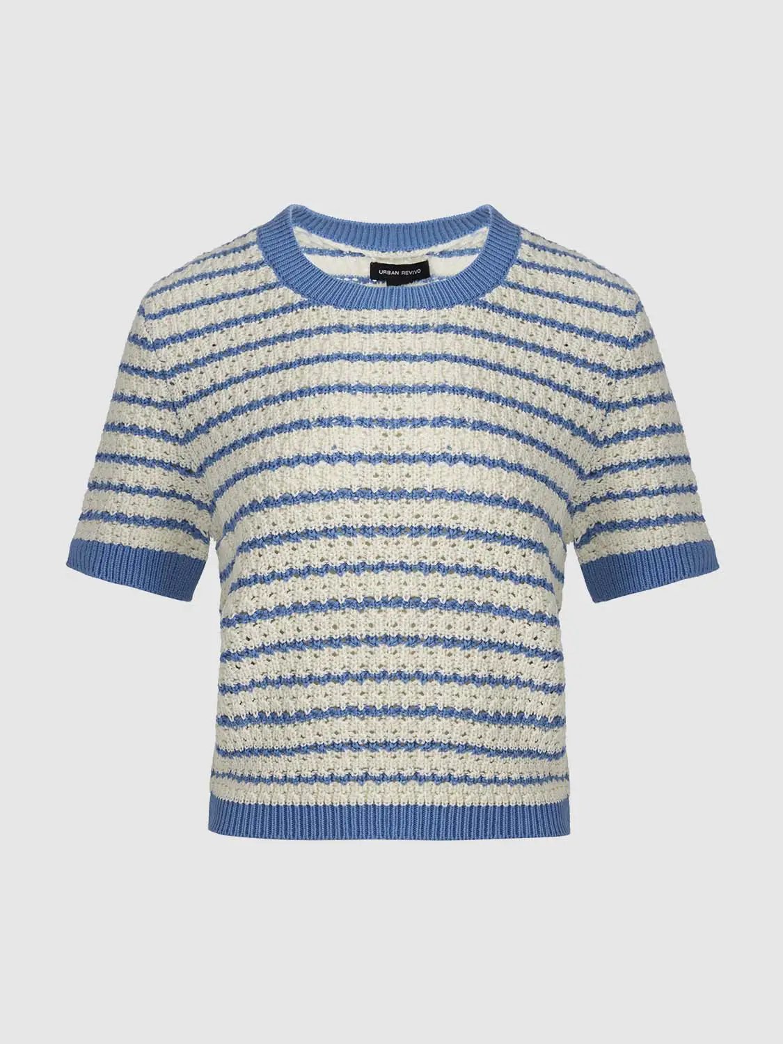Cotton Striped Textured Knit Rib Trim T-Shirt