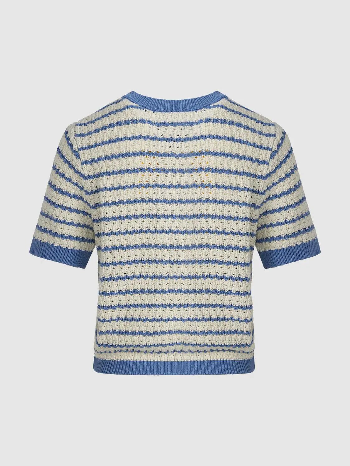 Cotton Striped Textured Knit Rib Trim T-Shirt