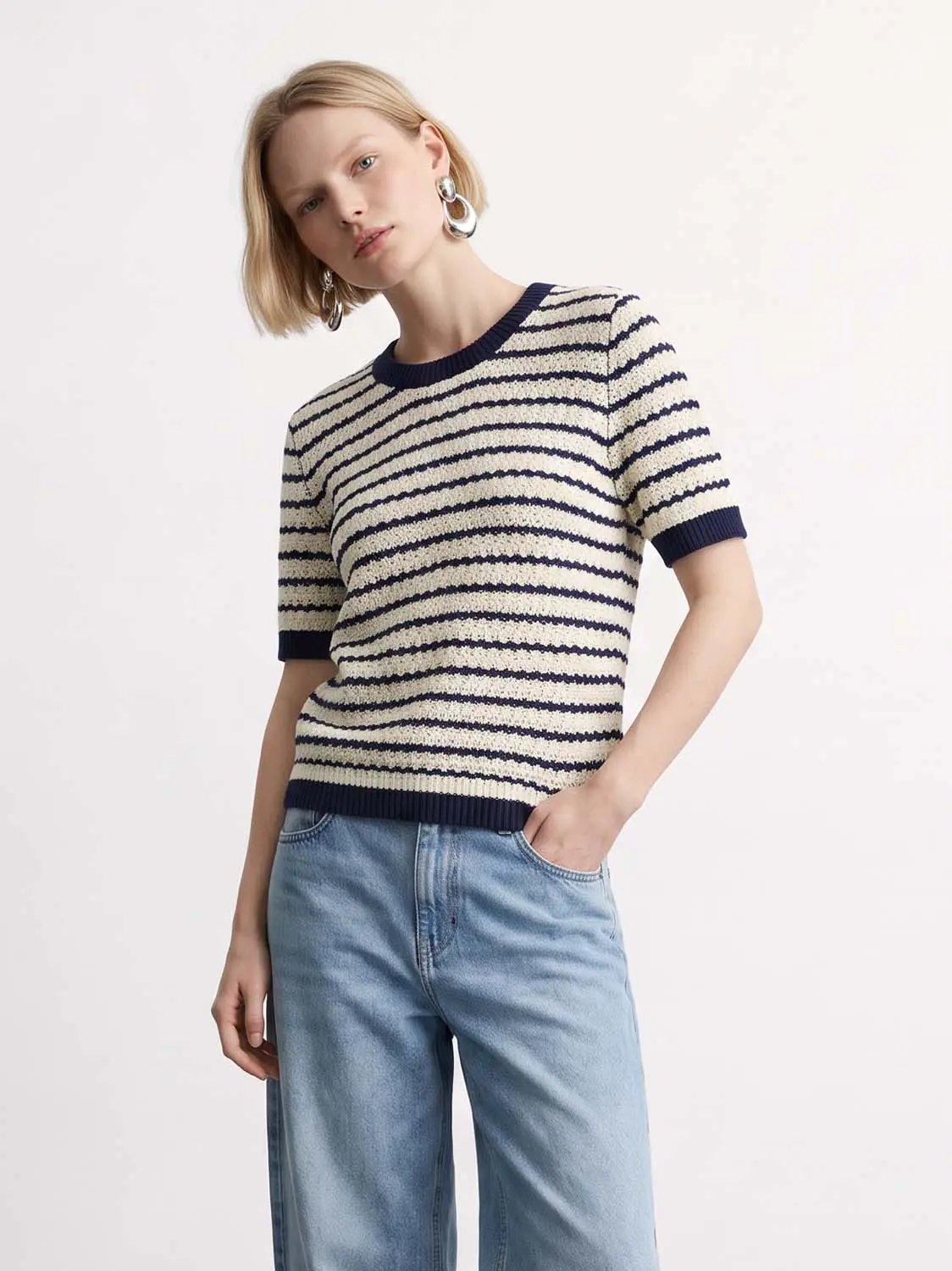 Cotton Striped Textured Knit Rib Trim T-Shirt
