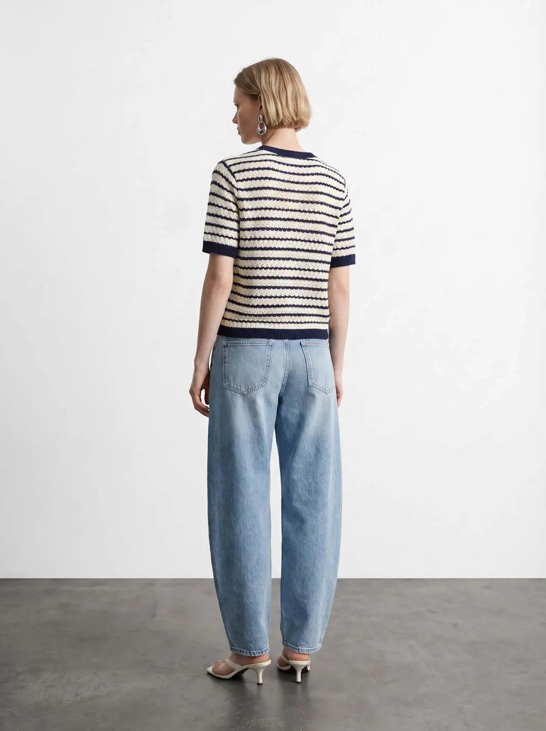 Cotton Striped Textured Knit Rib Trim T-Shirt