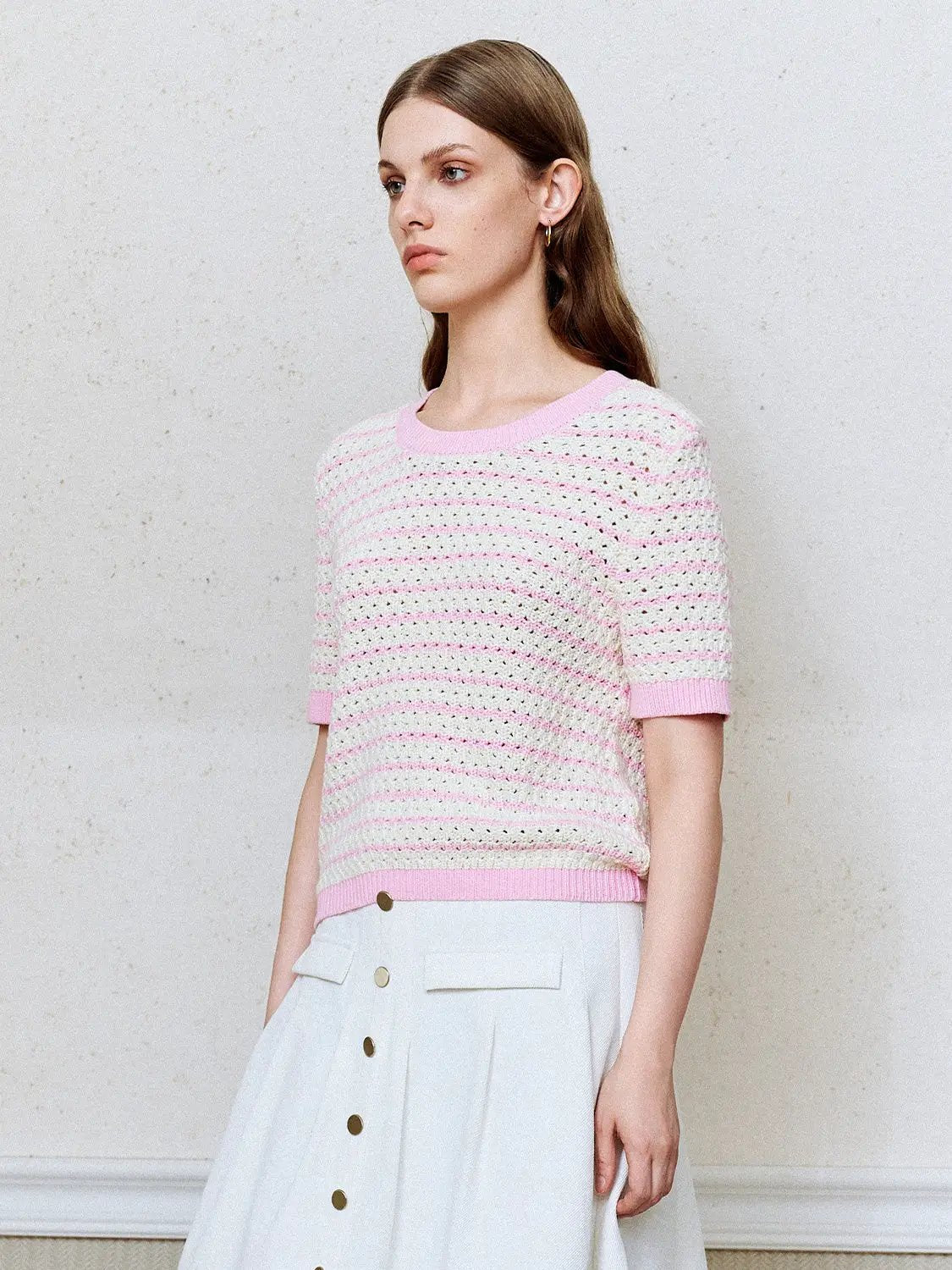 Cotton Striped Textured Knit Rib Trim T-Shirt