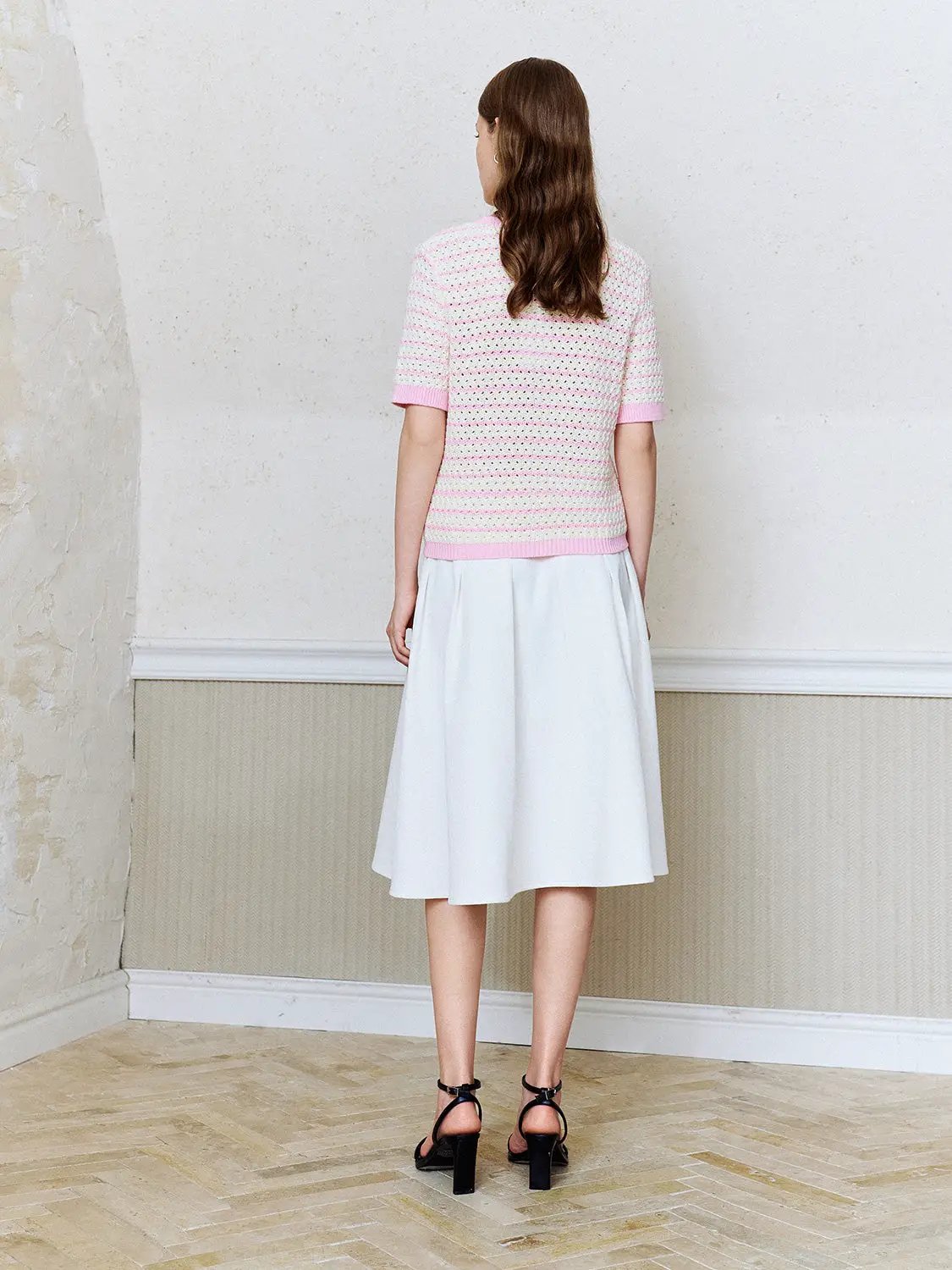 Cotton Striped Textured Knit Rib Trim T-Shirt
