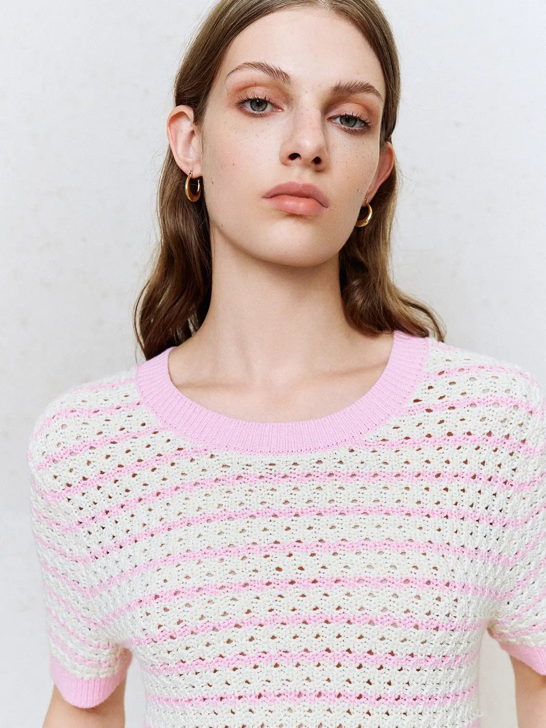 Cotton Striped Textured Knit Rib Trim T-Shirt