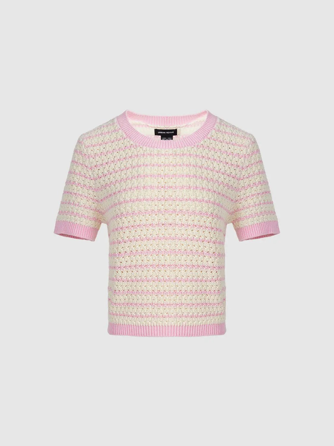 Cotton Striped Textured Knit Rib Trim T-Shirt