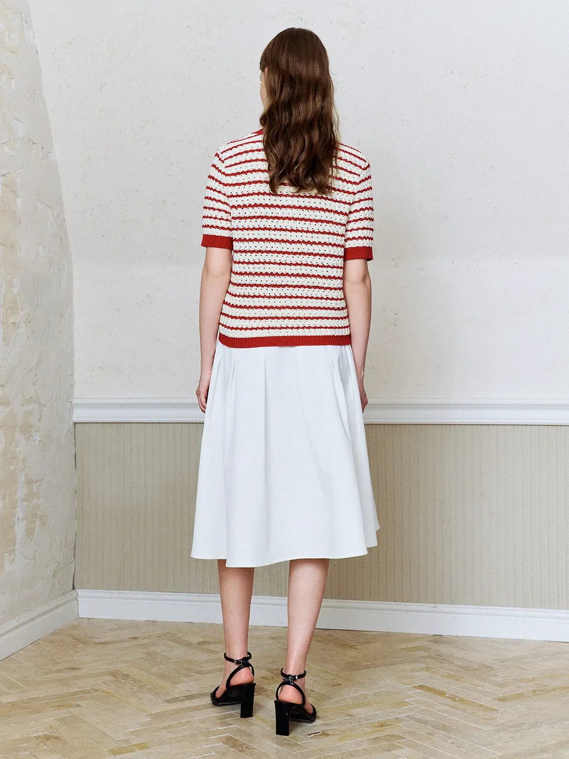 Cotton Striped Textured Knit Rib Trim T-Shirt