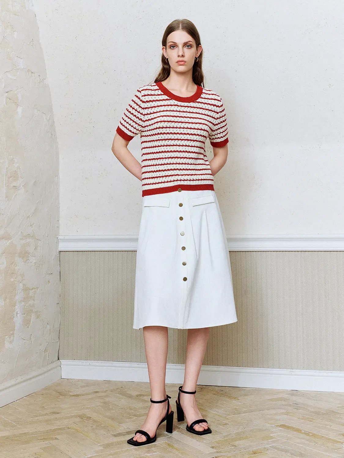 Cotton Striped Textured Knit Rib Trim T-Shirt