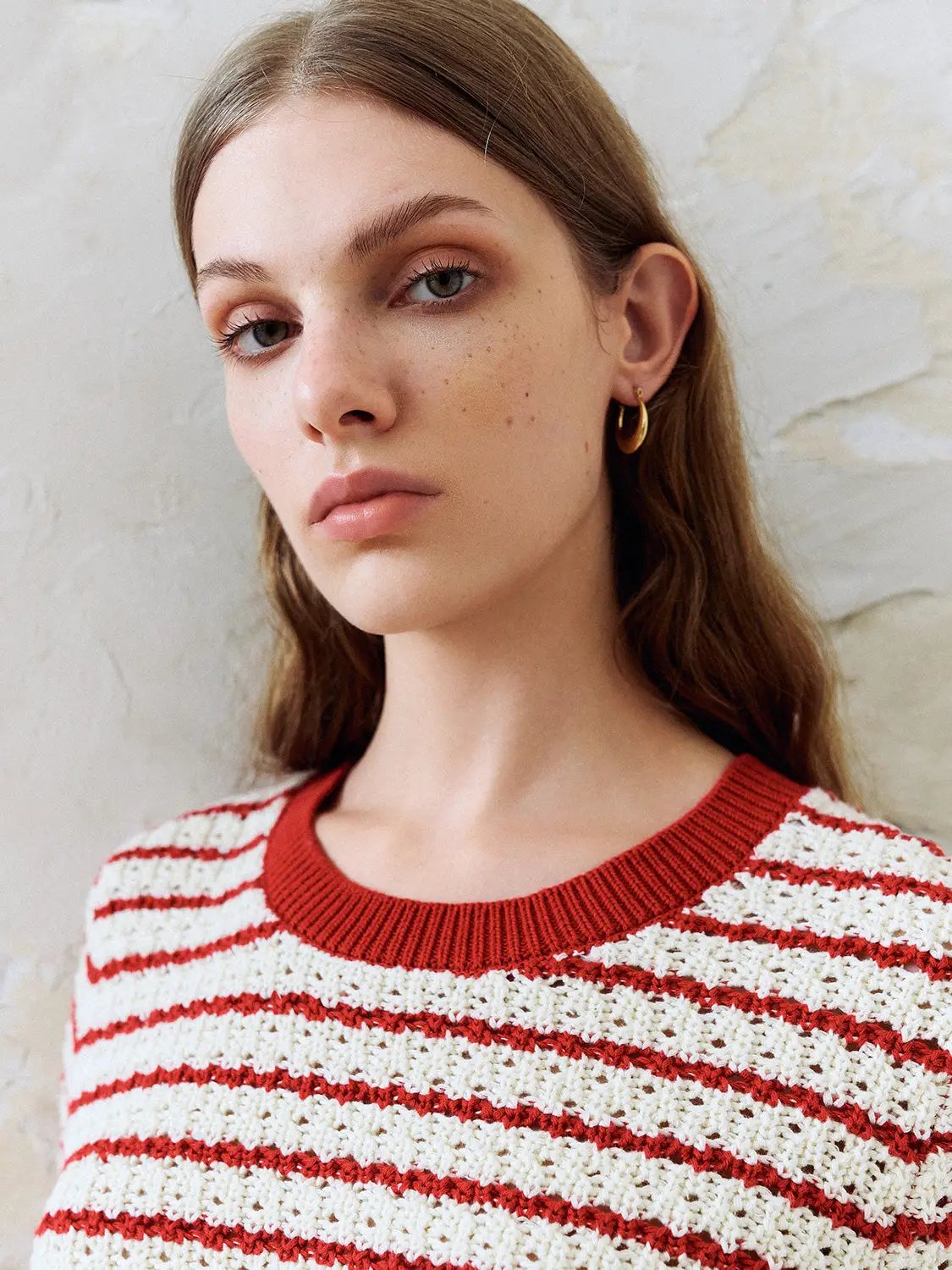 Cotton Striped Textured Knit Rib Trim T-Shirt