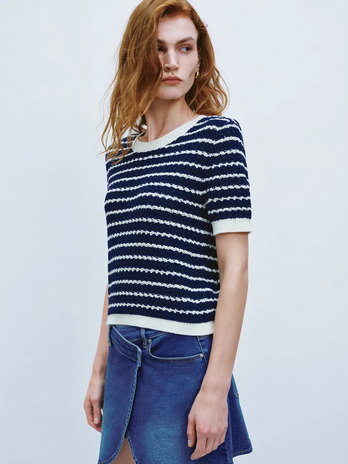 Cotton Striped Textured Knit Rib Trim T-Shirt