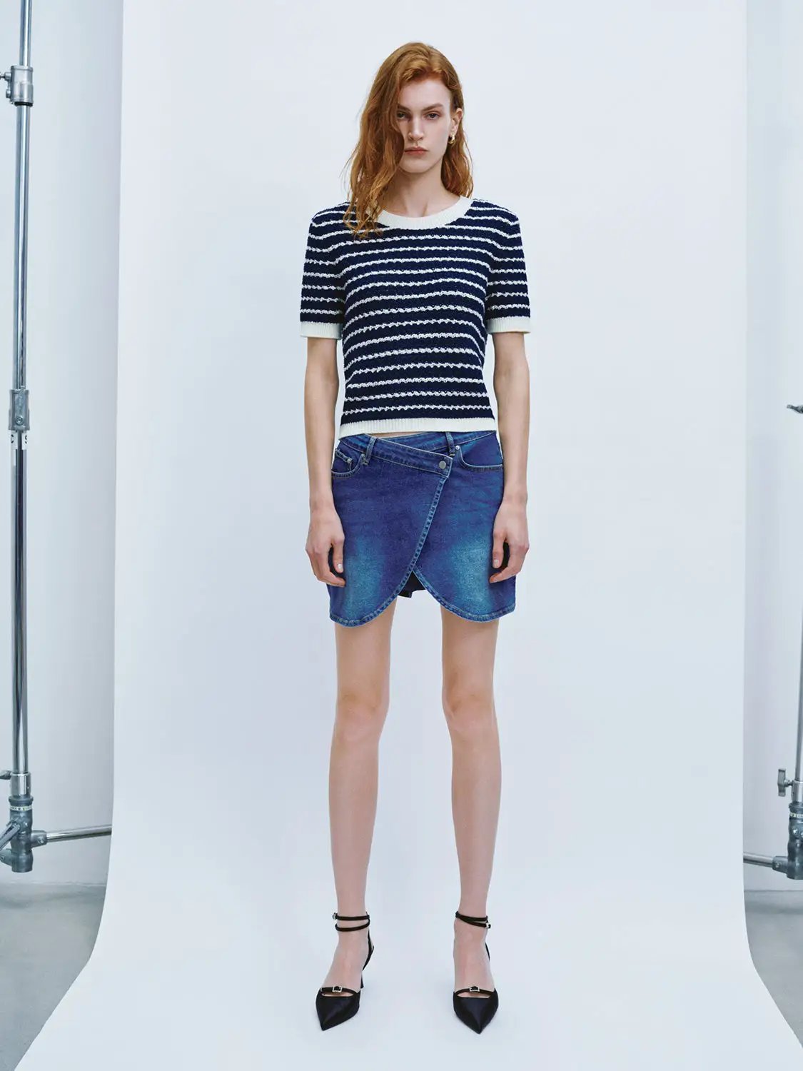 Cotton Striped Textured Knit Rib Trim T-Shirt