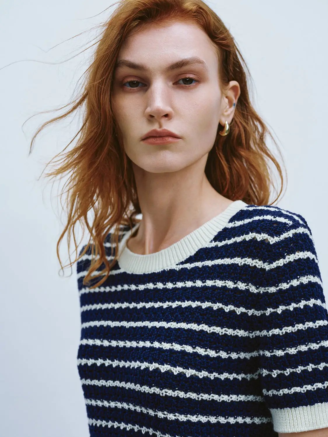 Cotton Striped Textured Knit Rib Trim T-Shirt