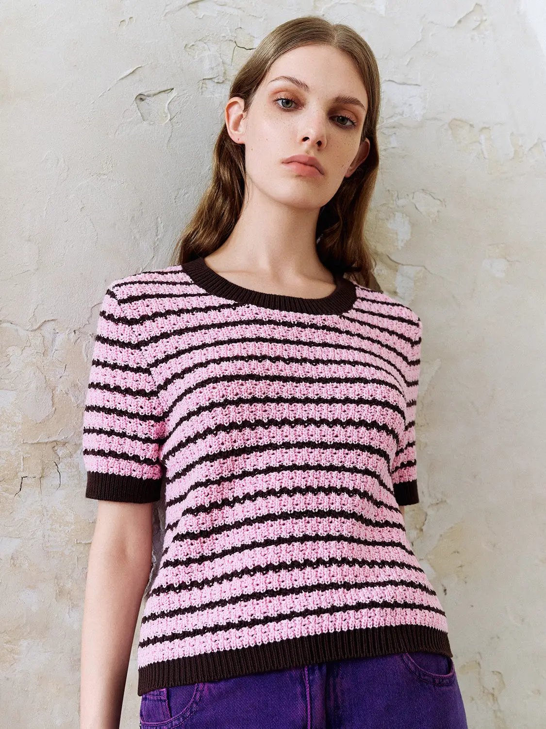 Cotton Striped Textured Knit Rib Trim T-Shirt