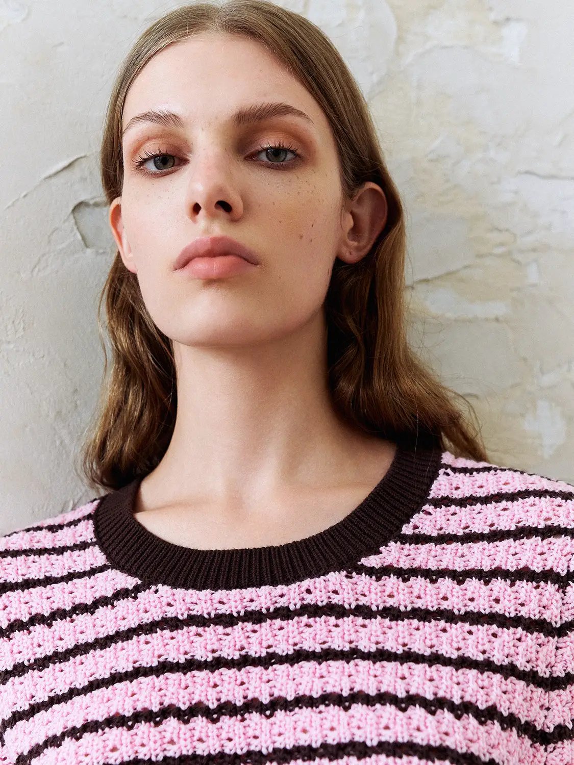 Cotton Striped Textured Knit Rib Trim T-Shirt