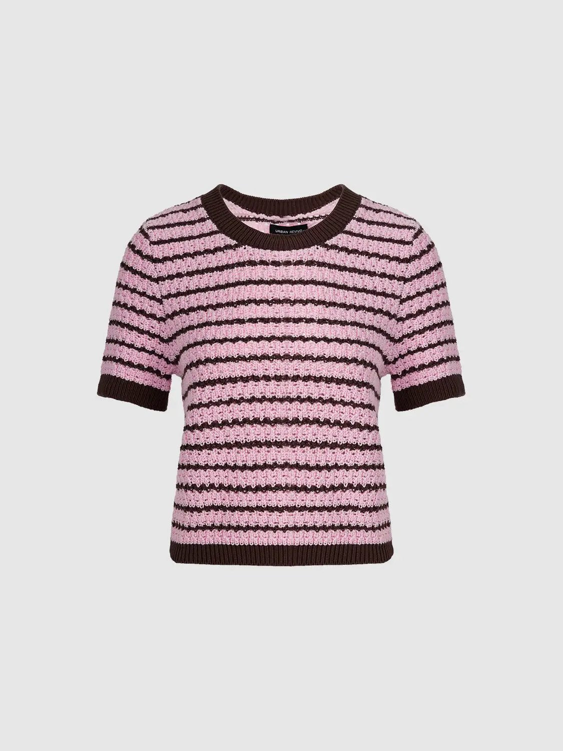 Cotton Striped Textured Knit Rib Trim T-Shirt