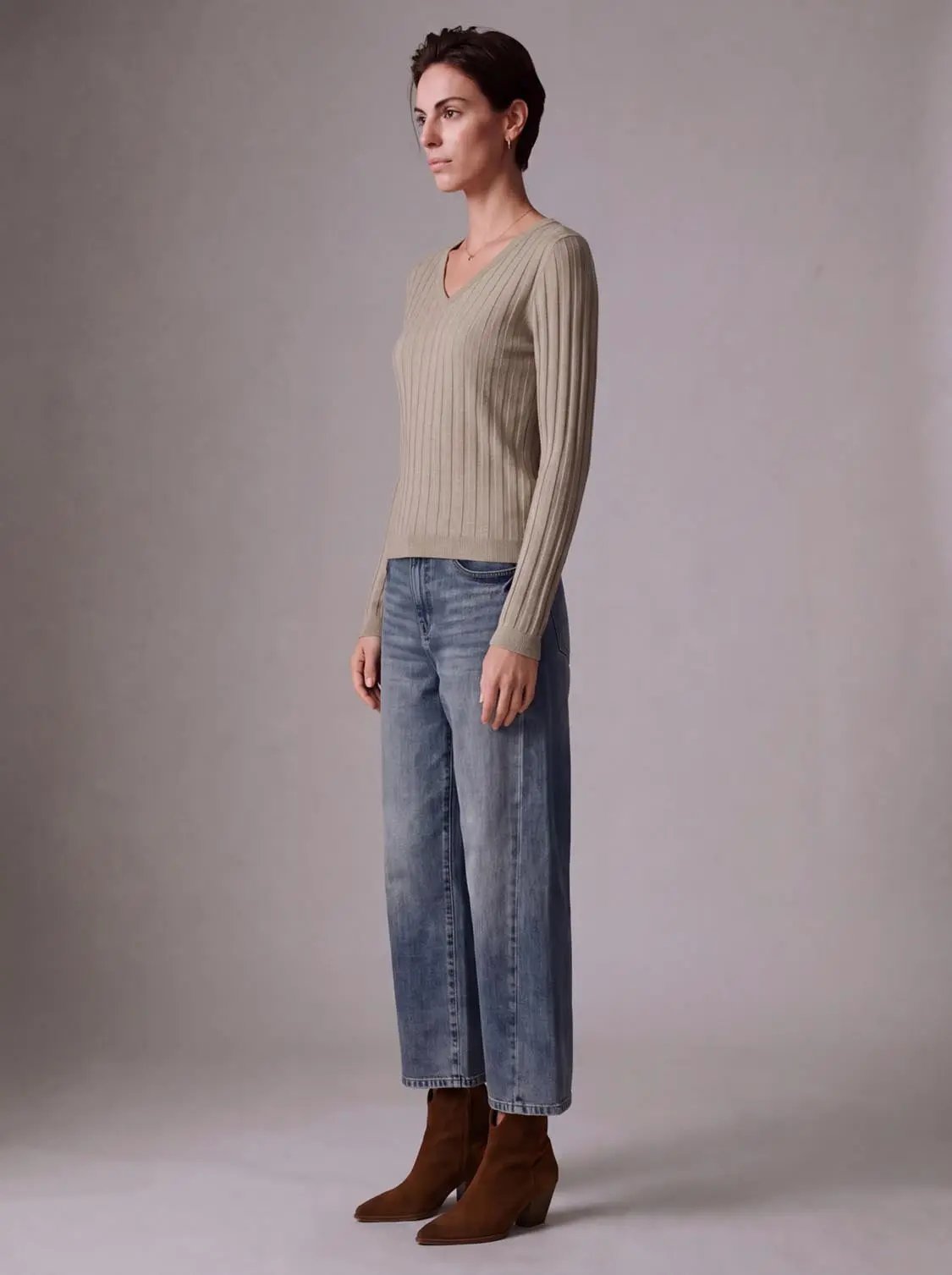 Rib Knit V-Neck Long Sleeve T-Shirts
