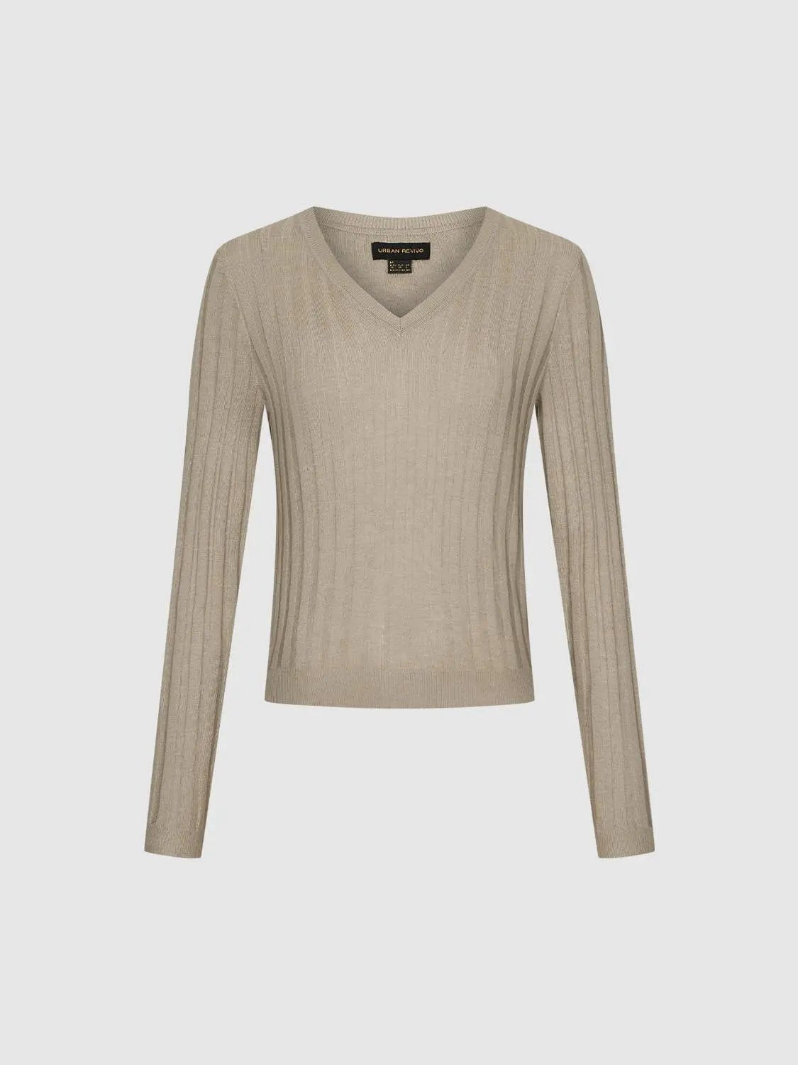 Rib Knit V-Neck Long Sleeve T-Shirts