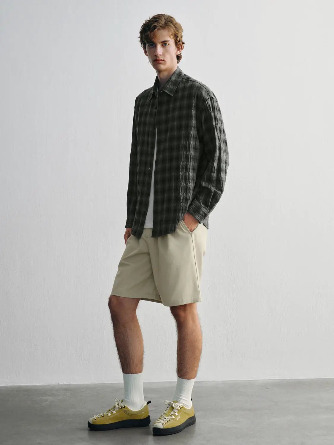 Textured Checked Cotton Long Sleeve Shirt