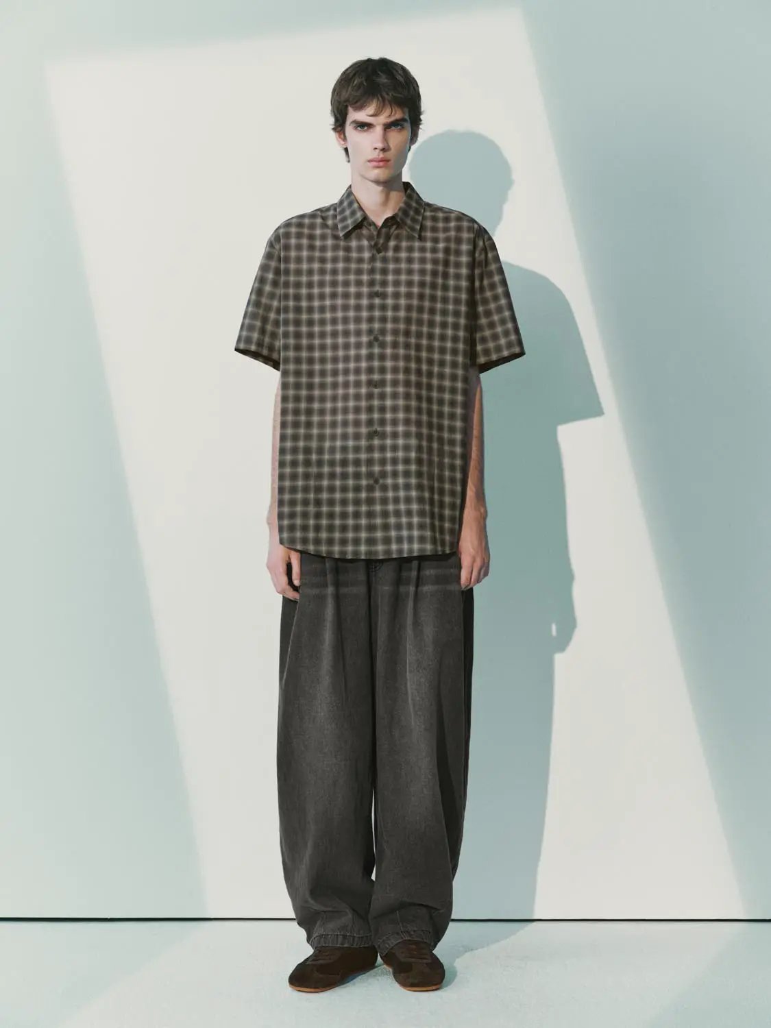 Checked Oversized Shirt Collar Short Sleeve Cotton Shirt