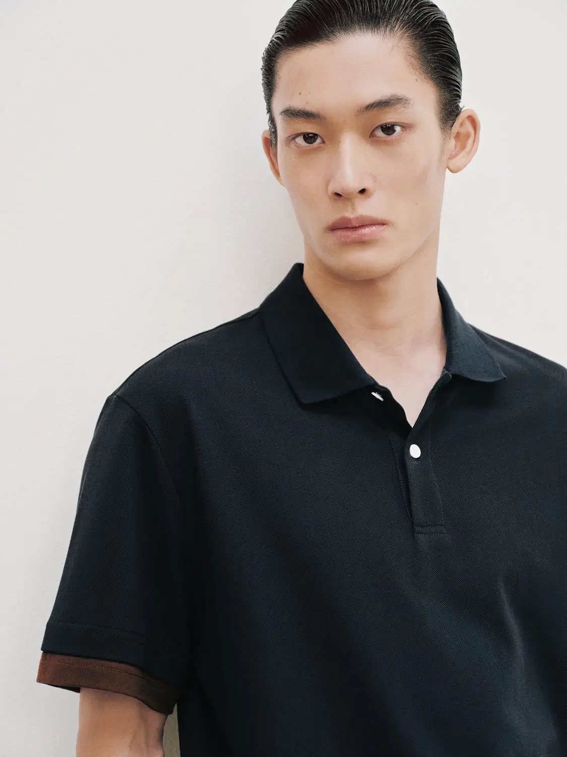Polo Collar With Brown Sleeve Trim Cotton Shirt