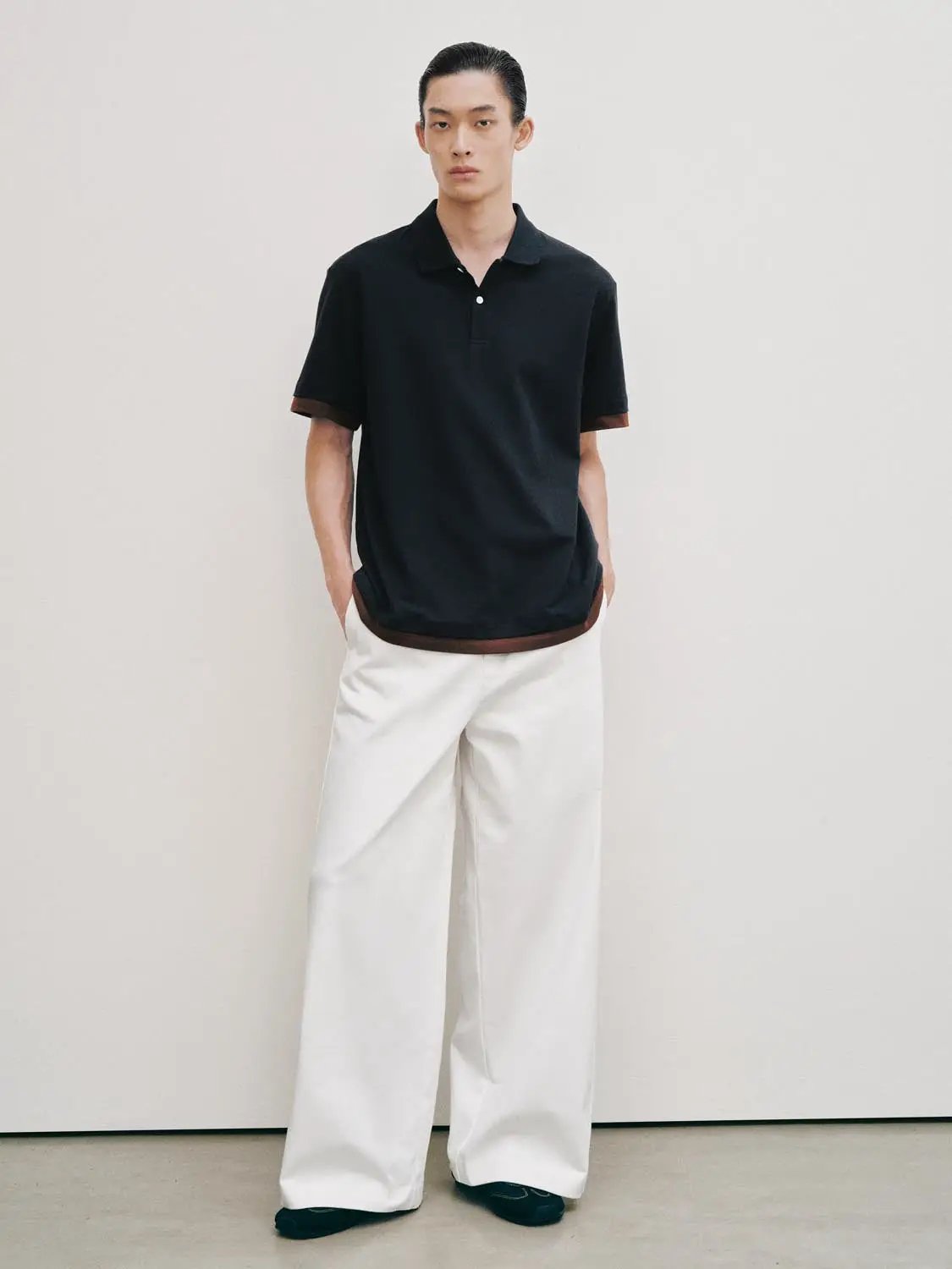 Polo Collar With Brown Sleeve Trim Cotton Shirt