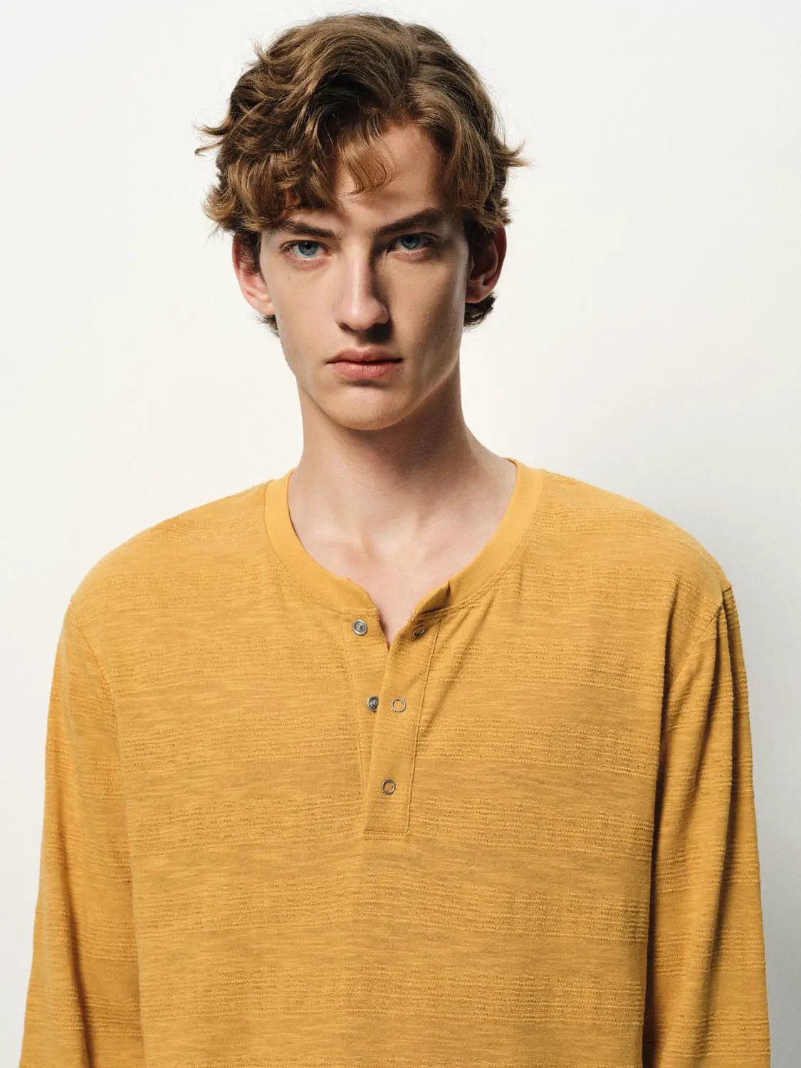 Textured Button Placket Long Sleeve T-Shirt
