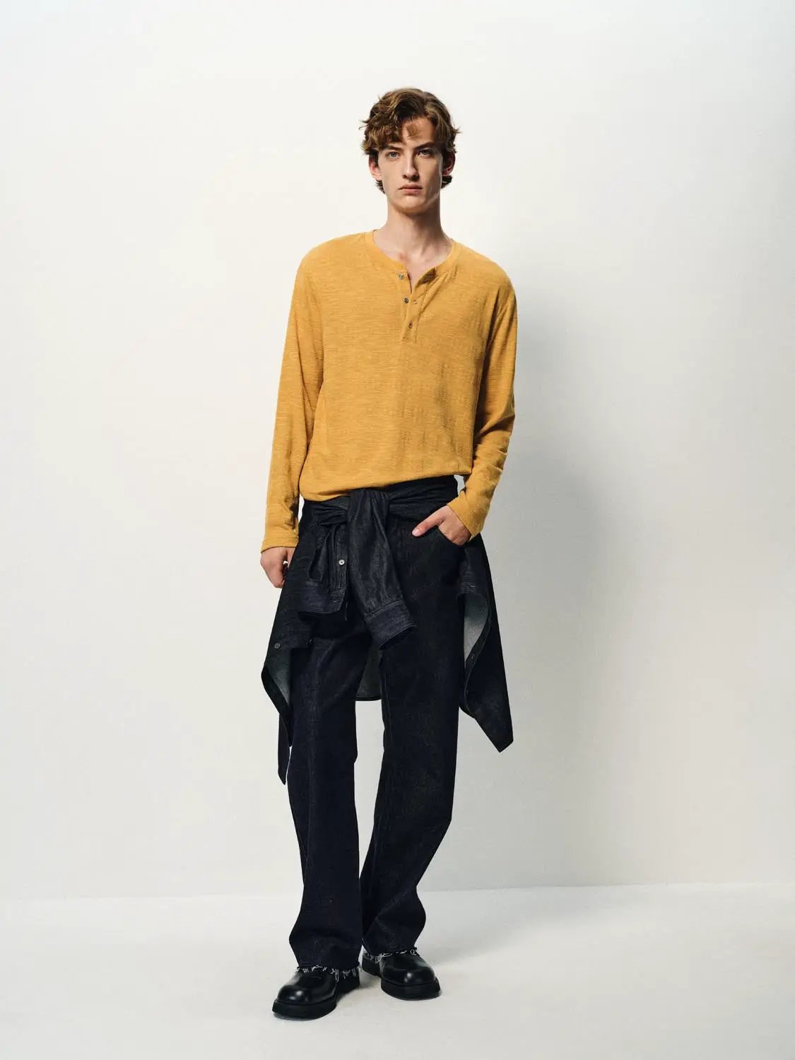Textured Button Placket Long Sleeve T-Shirt