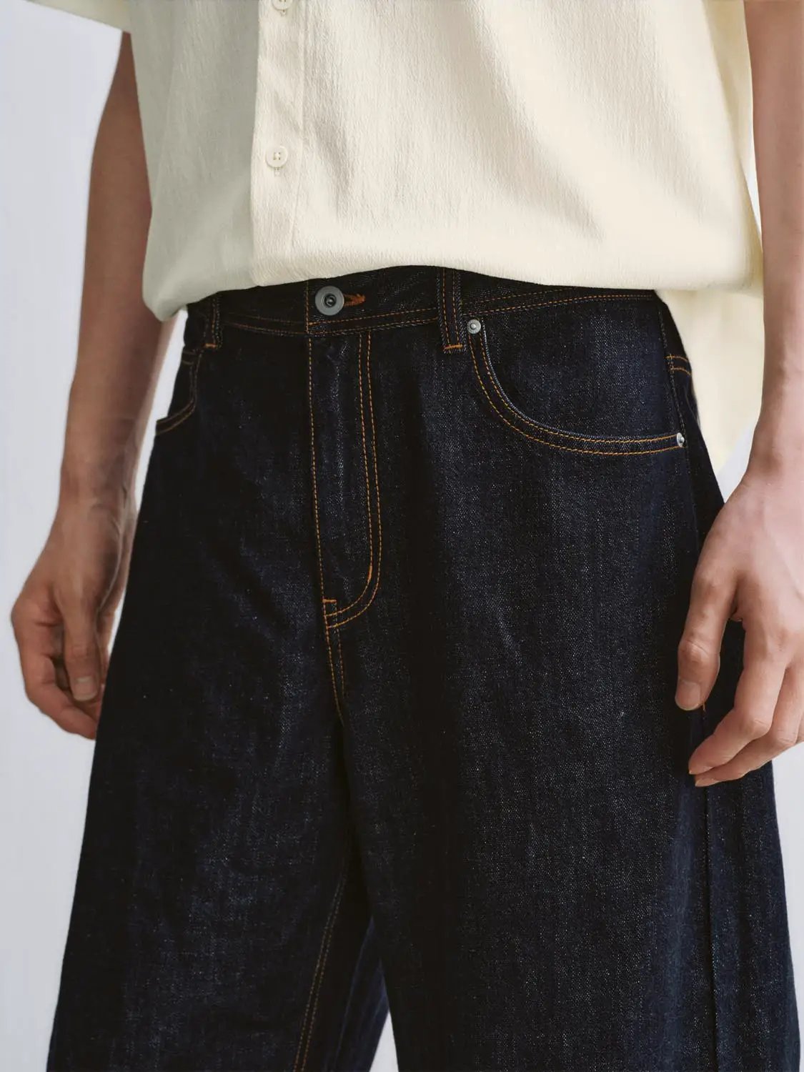 Linen Textured Weave Wide-Leg Cotton Jeans