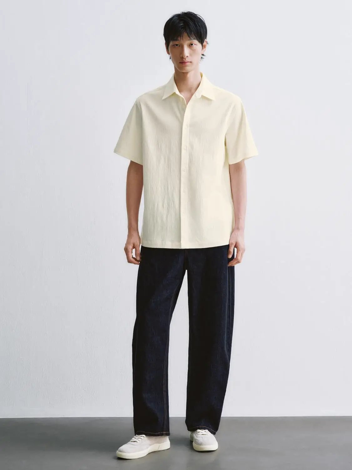 Linen Textured Weave Wide-Leg Cotton Jeans