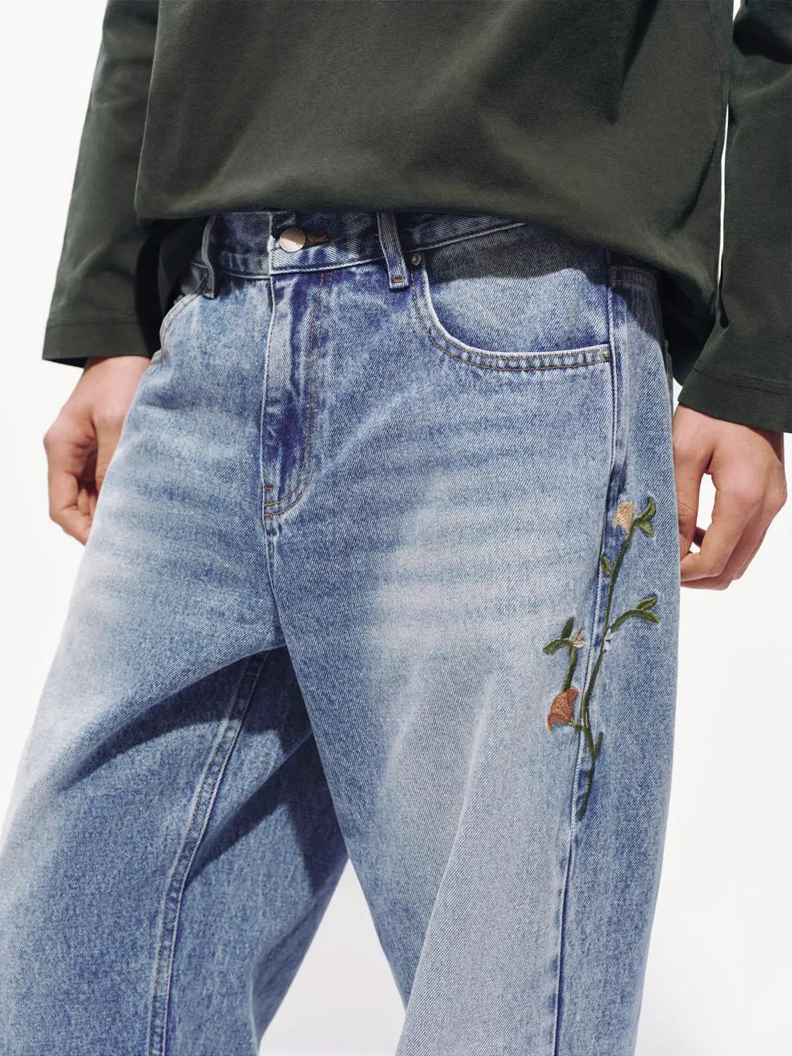 Embroidered Floral Faded Wash Wide-leg Cotton Jeans