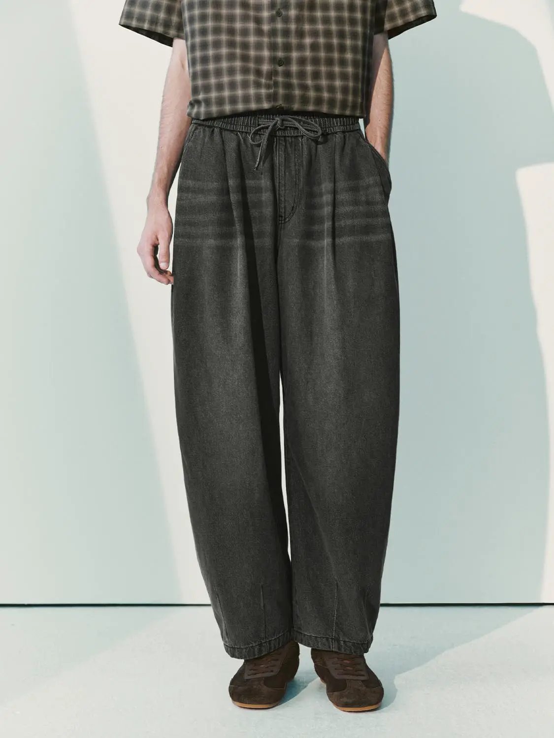 Drawstring Checked Cotton Blend Wide-leg Jeans