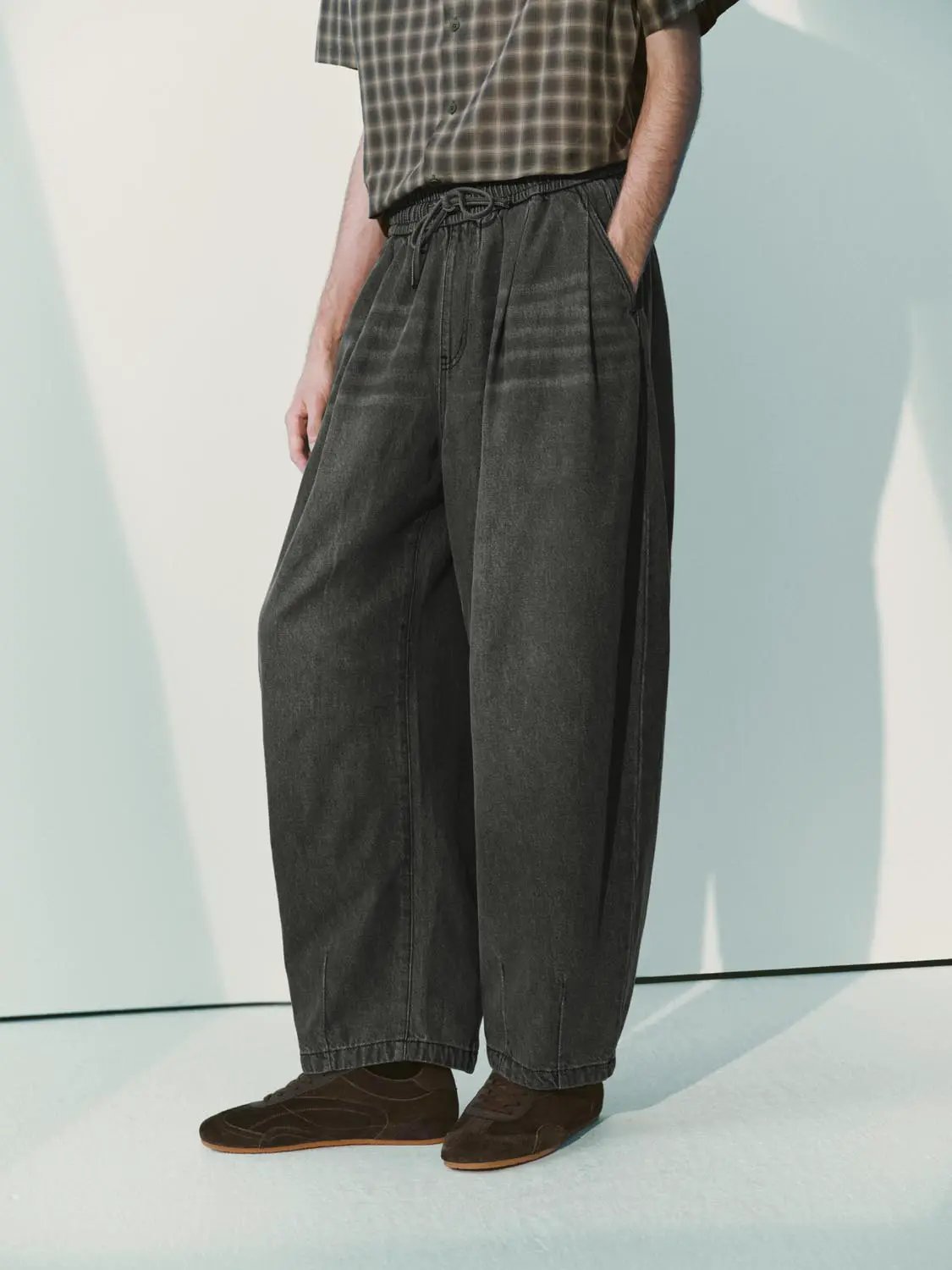 Drawstring Checked Cotton Blend Wide-leg Jeans