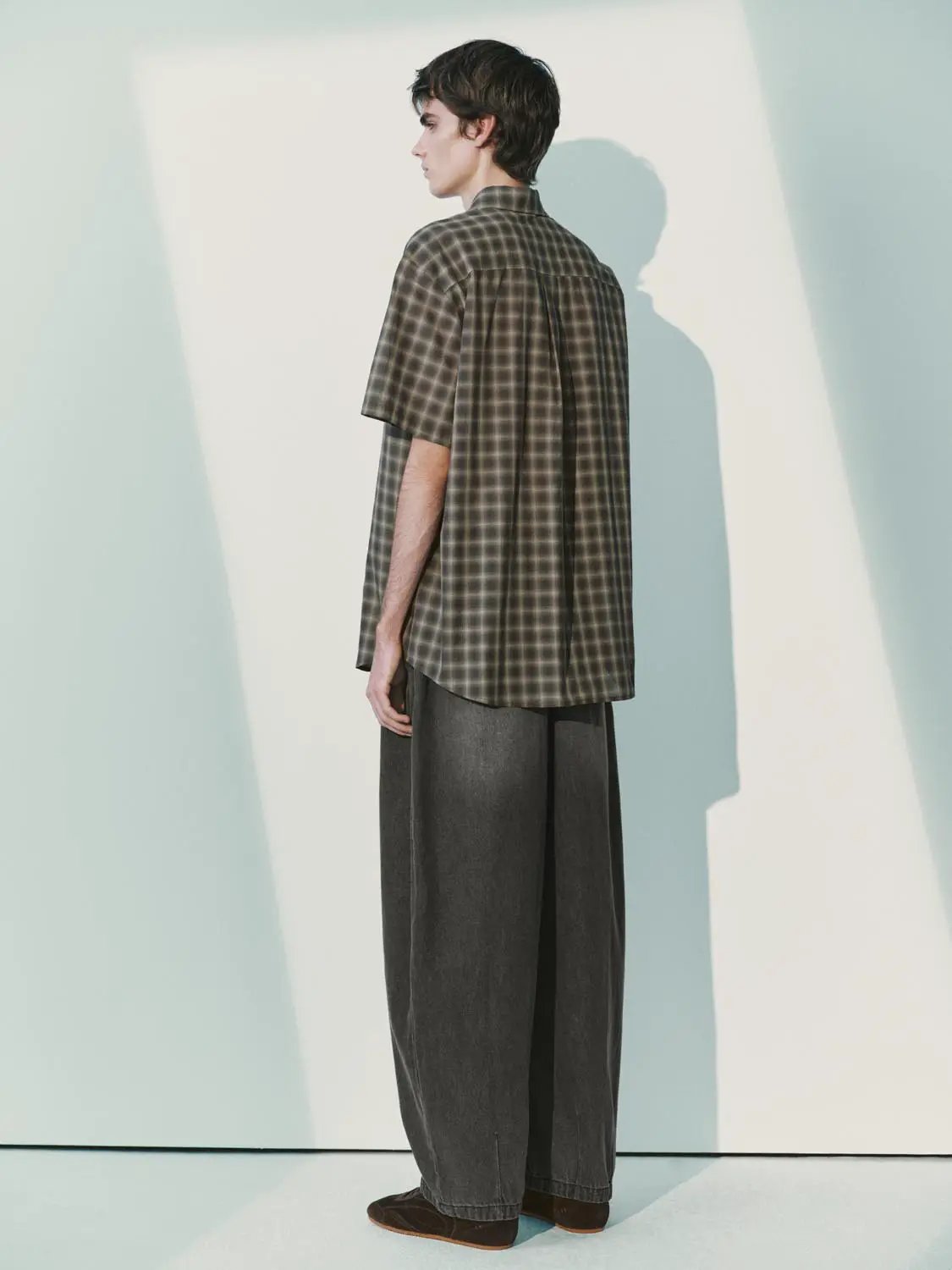 Drawstring Checked Cotton Blend Wide-leg Jeans