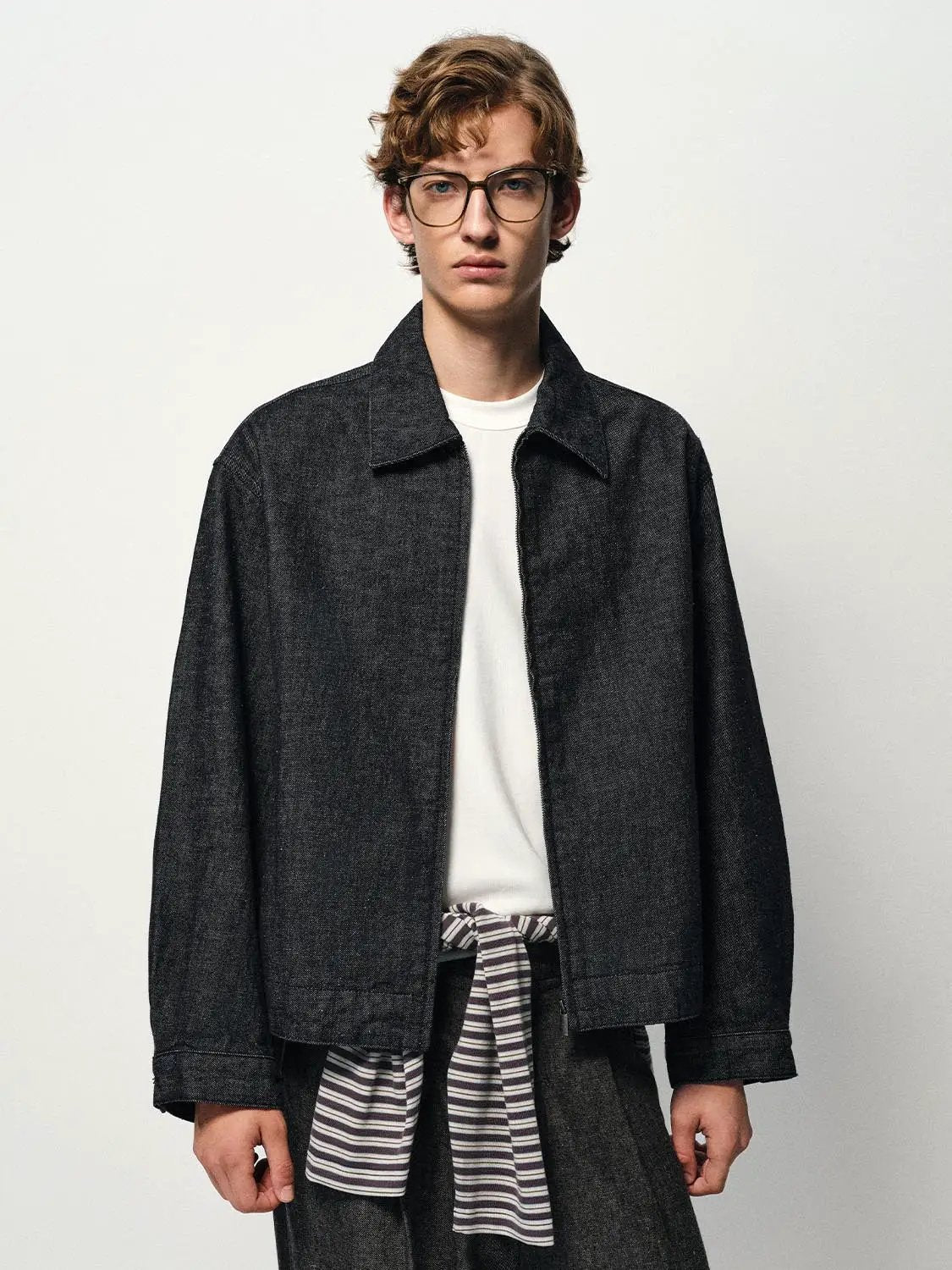 Charcoal Cropped Boxy Zip-Front Long Sleeve Denim Jacket