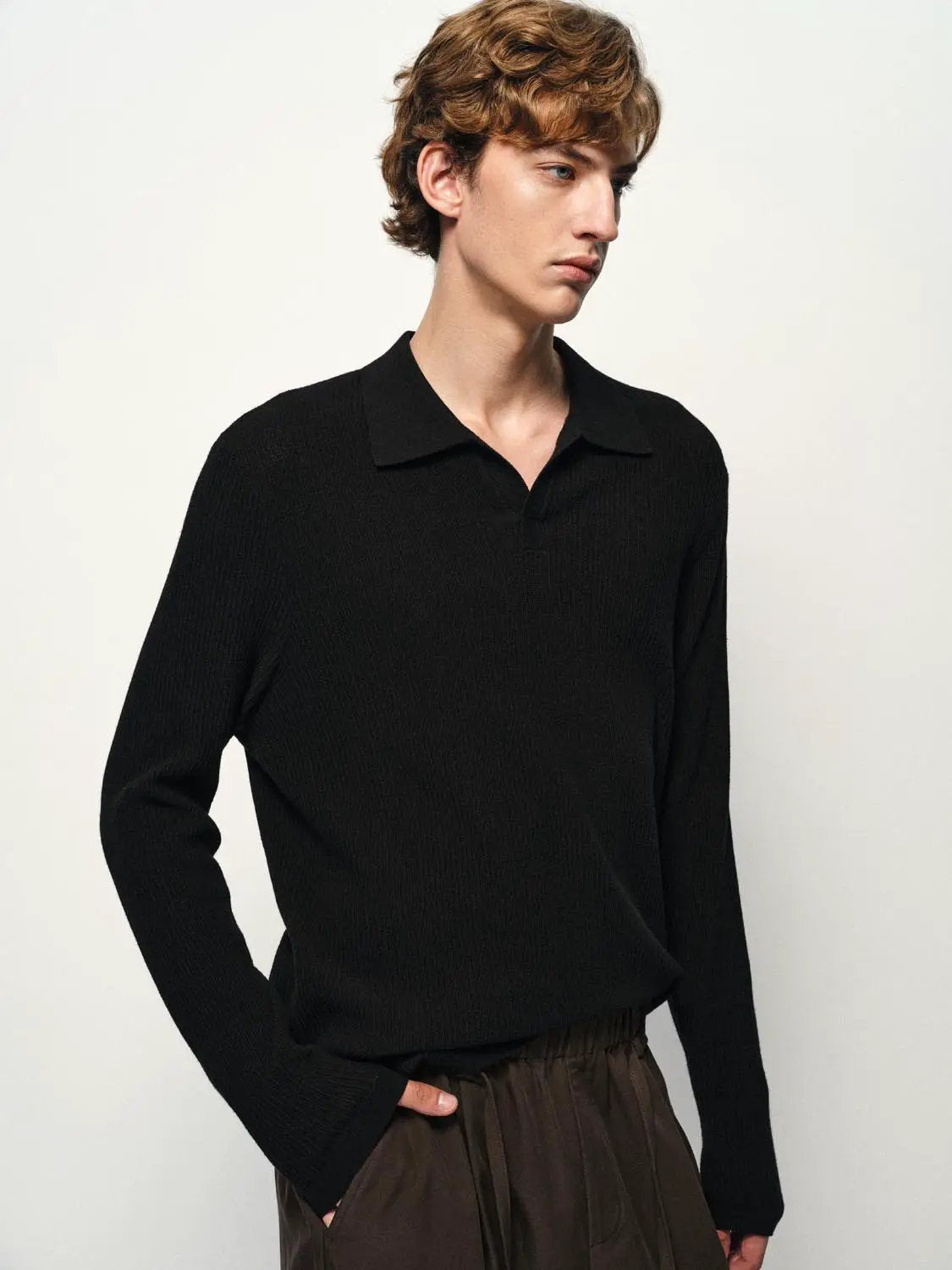 Ribbed Knit Polo Collar Long Sleeve Sweater