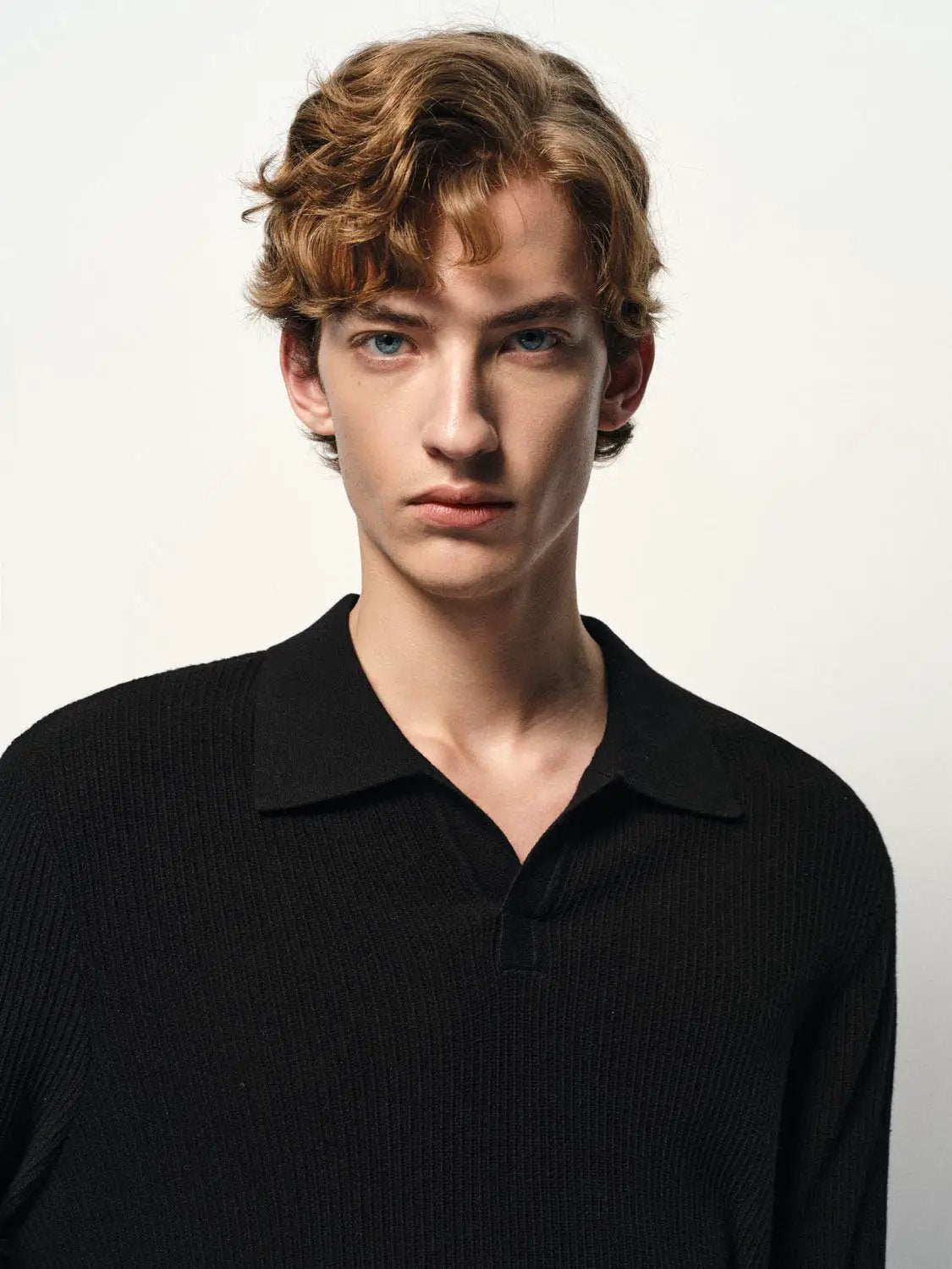 Ribbed Knit Polo Collar Long Sleeve Sweater