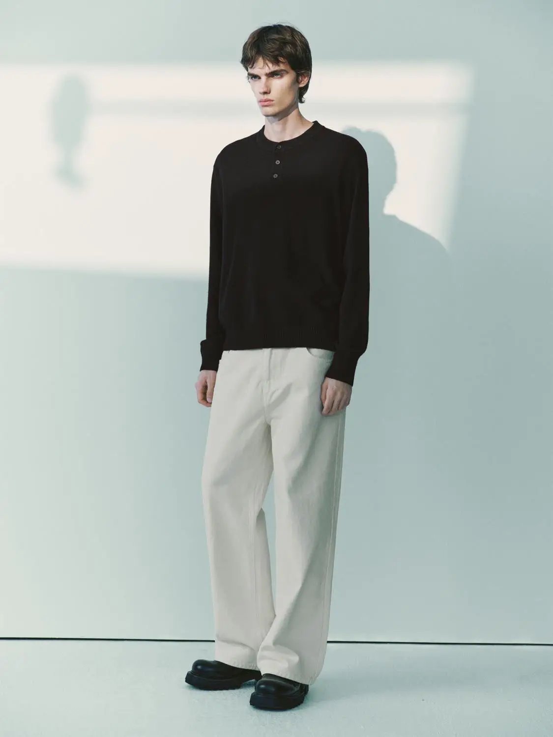 Ribbed Knit Button Placket Long Sleeve Sweater