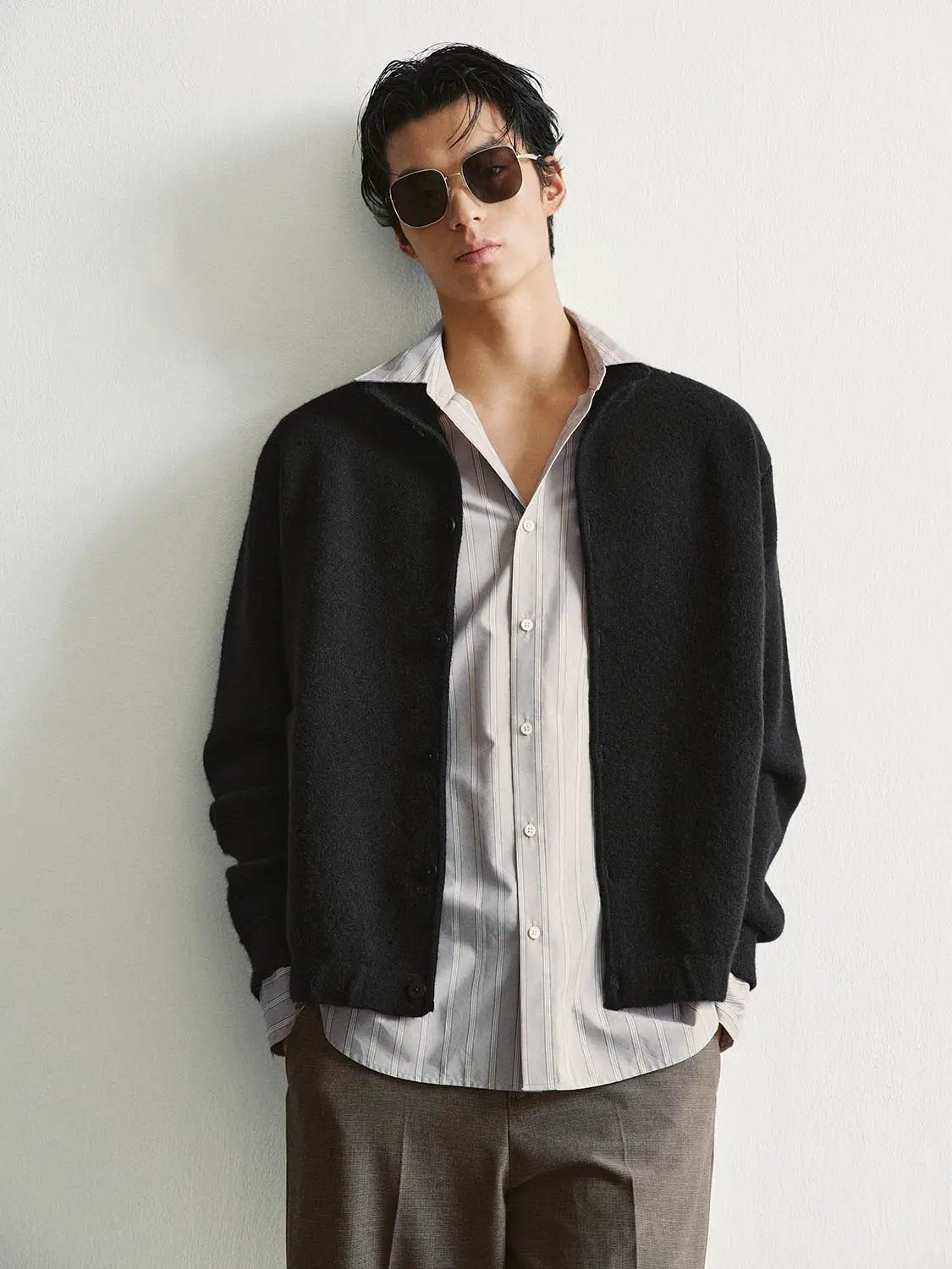 Textured Button Front Stand Collar Long Sleeve Knit Jacket